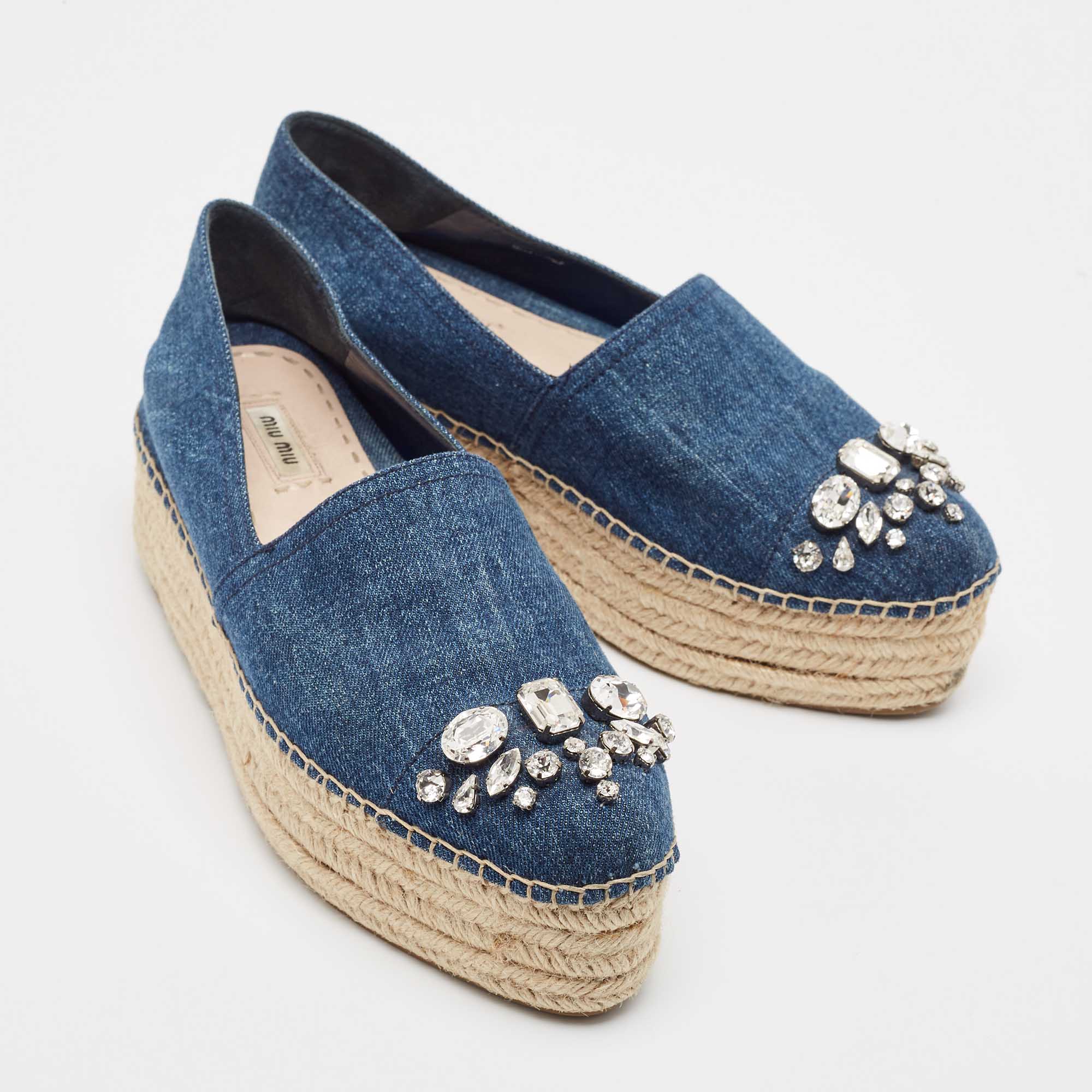 Miu Miu Blue Denim Crystal Embellished Platform Espadrilles Size 40