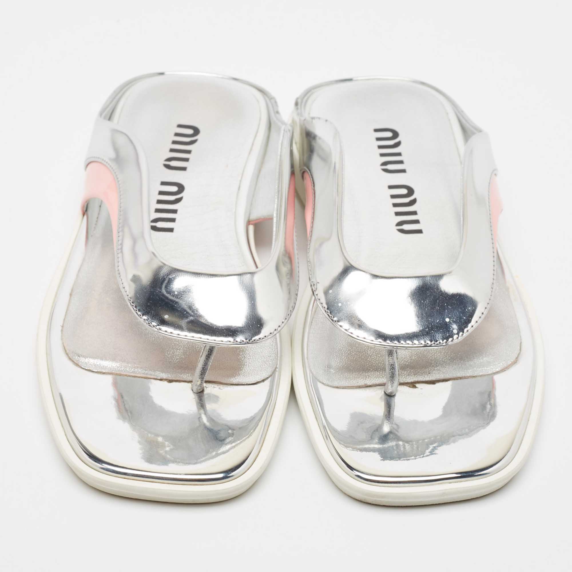 Miu Miu Silver/Pink Leather And Patent Thong Flats Size 36