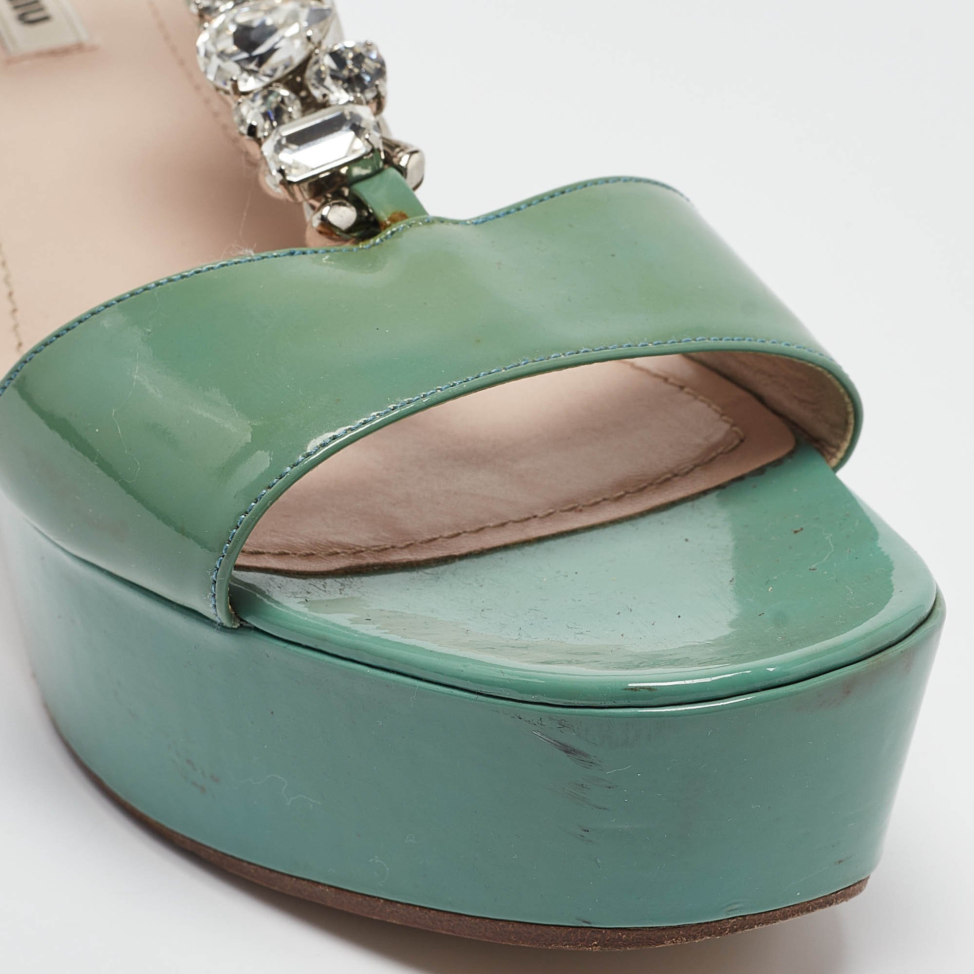 Miu Miu Green Patent Leather Crystal Embellished Platform Ankle Strap Sandals Size 41