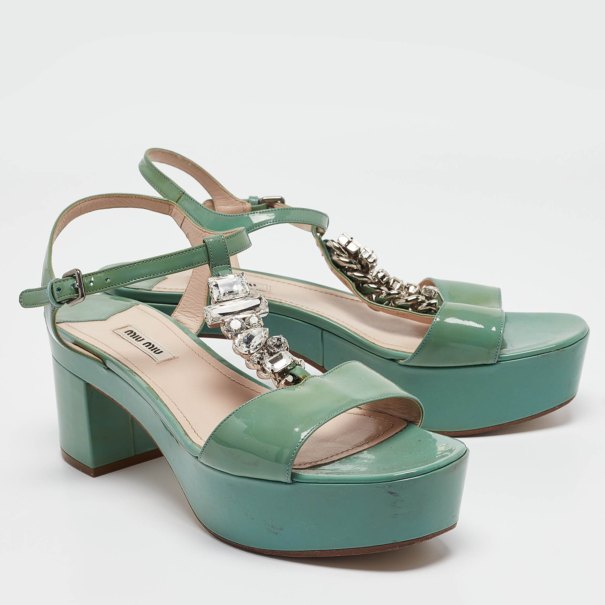 Miu Miu Green Patent Leather Crystal Embellished Platform Ankle Strap Sandals Size 41