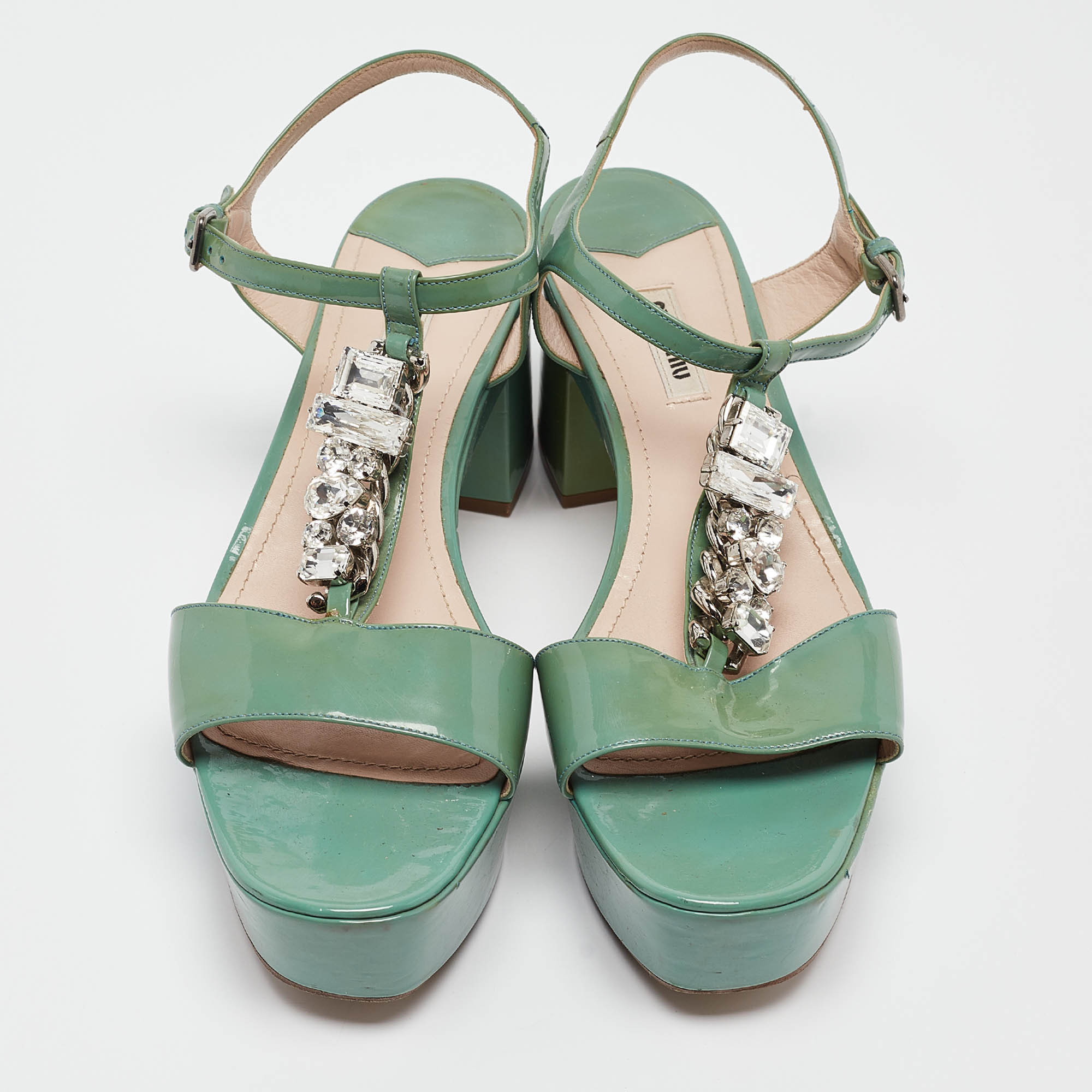 Miu Miu Green Patent Leather Crystal Embellished Platform Ankle Strap Sandals Size 41