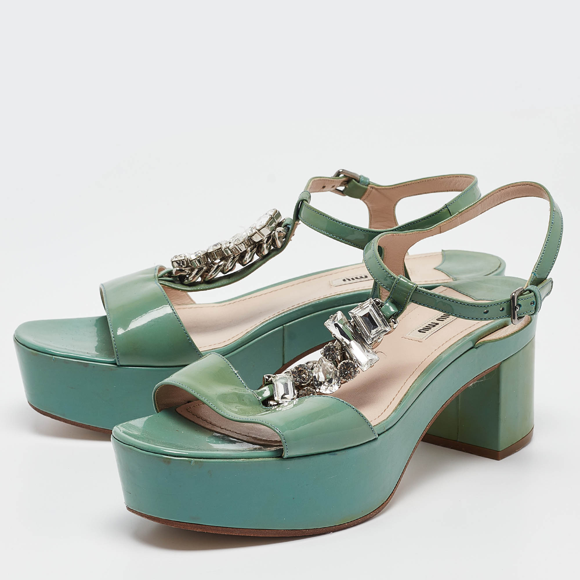 Miu Miu Green Patent Leather Crystal Embellished Platform Ankle Strap Sandals Size 41