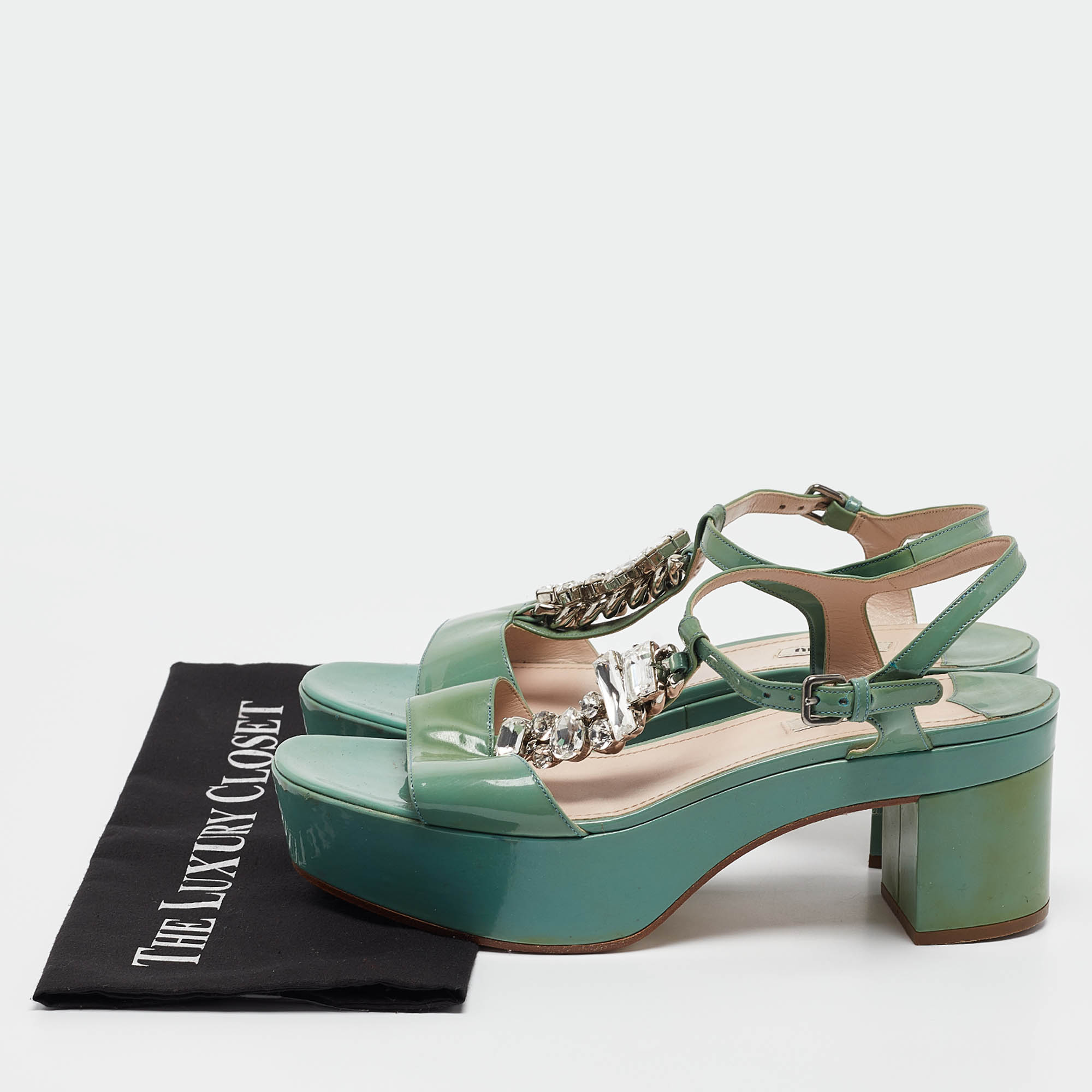 Miu Miu Green Patent Leather Crystal Embellished Platform Ankle Strap Sandals Size 41