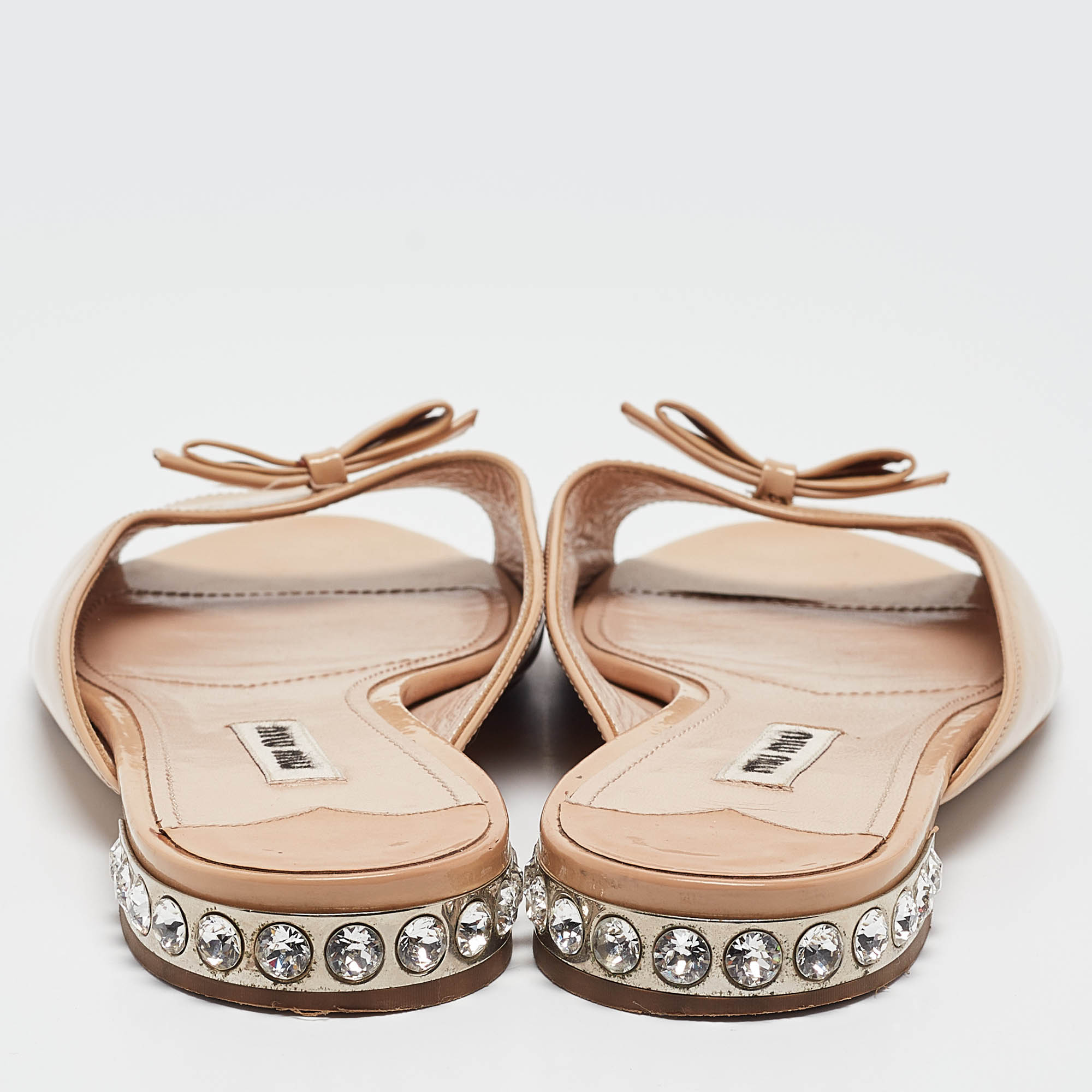 Miu Miu Beige Patent Leather Crystal Embellished Flat Slides Size 38.5