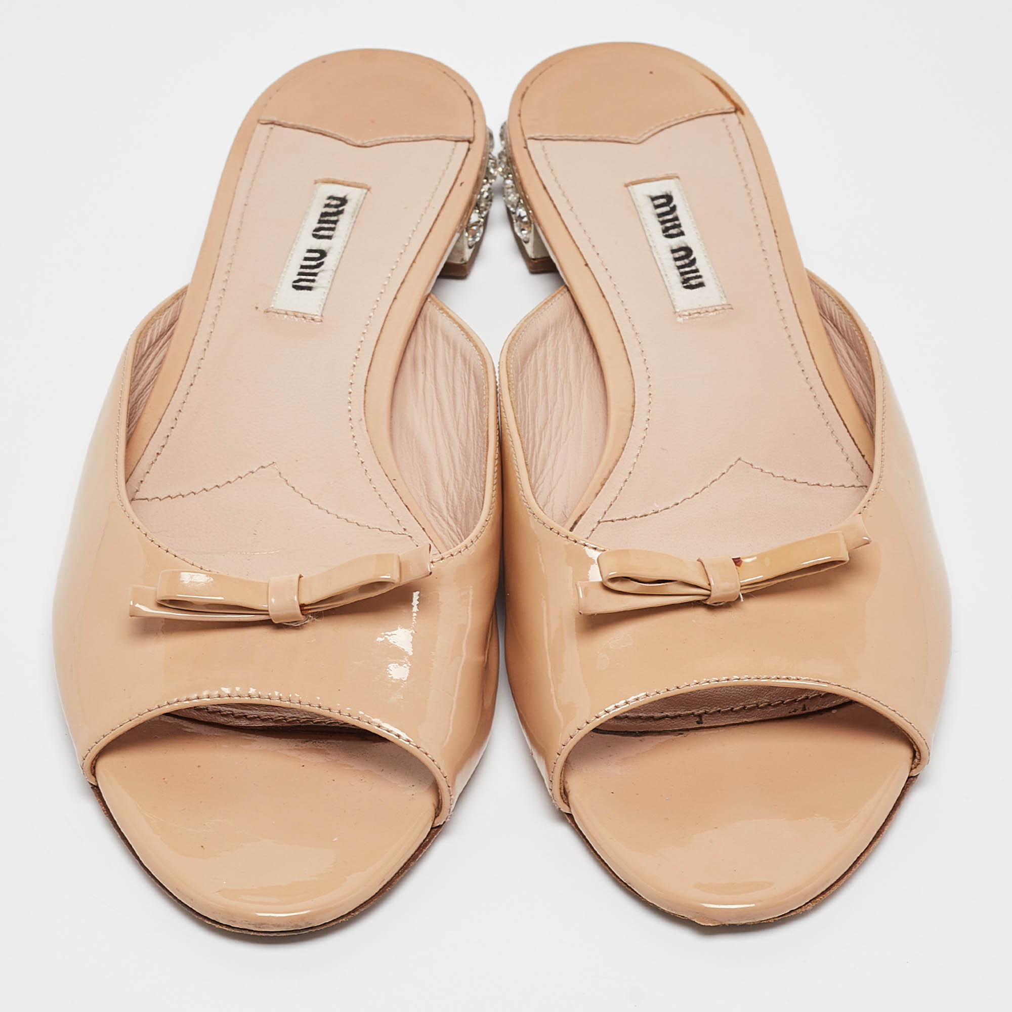 Miu Miu Beige Patent Leather Crystal Embellished Flat Slides Size 38.5