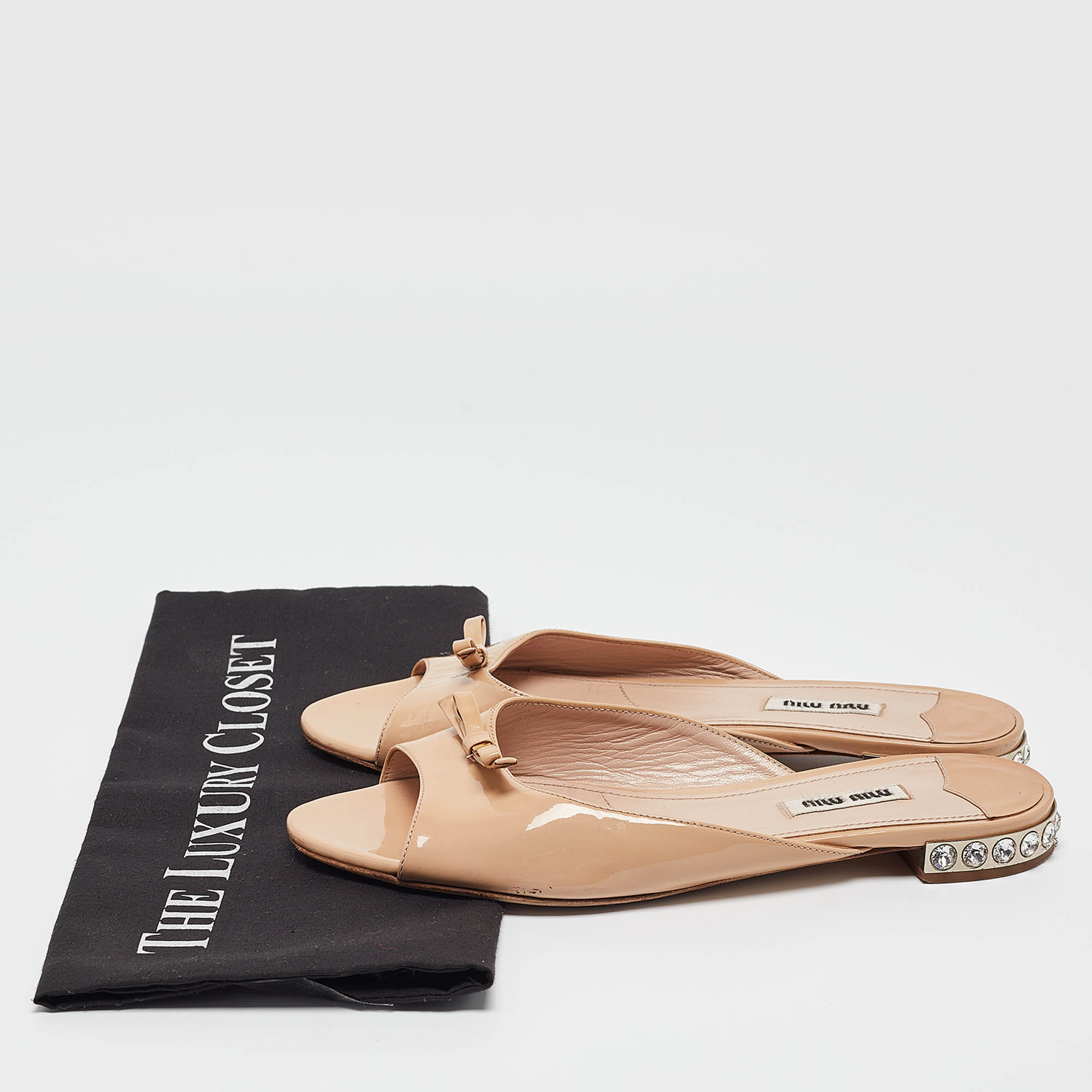 Miu Miu Beige Patent Leather Crystal Embellished Flat Slides Size 38.5