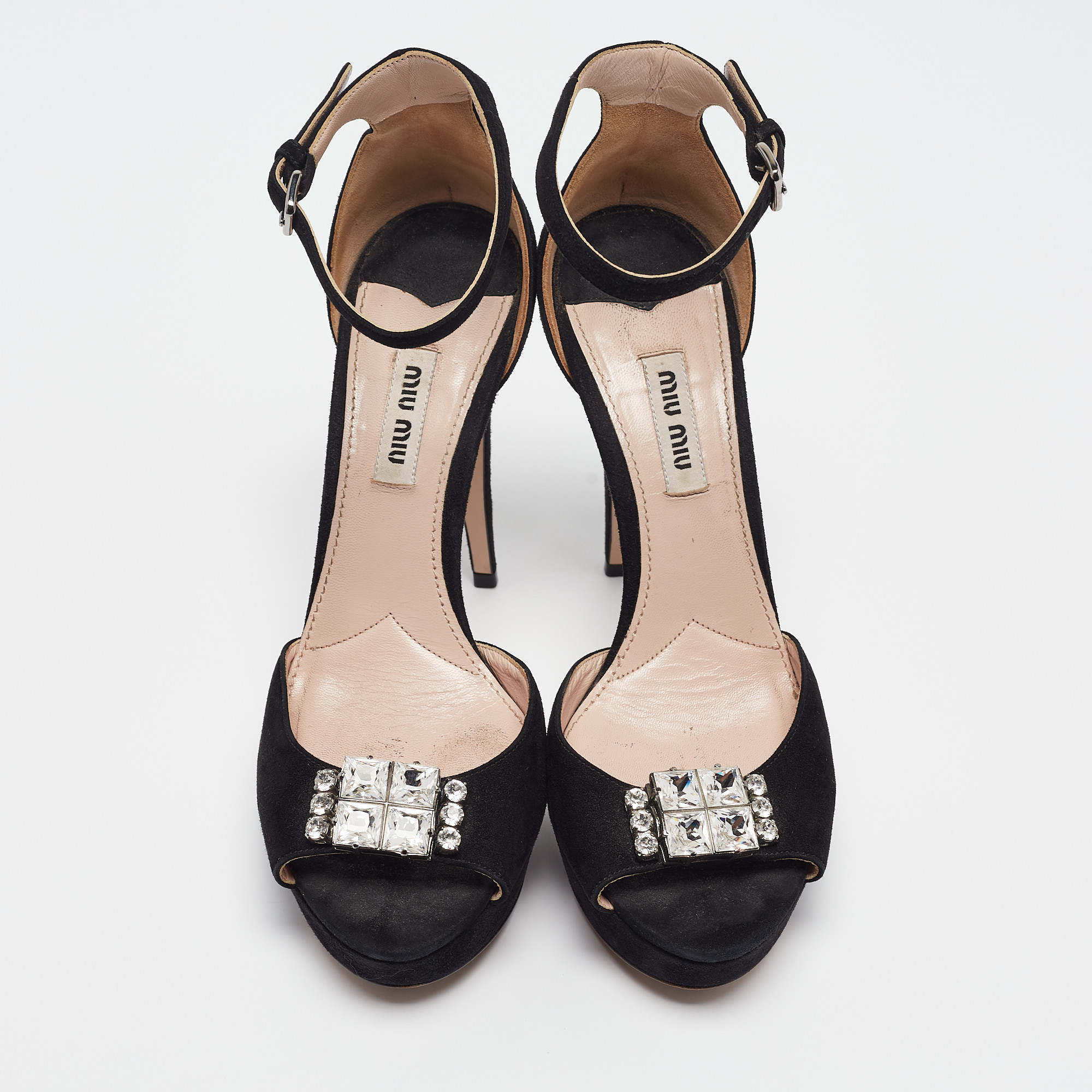 Miu Miu Black Suede Crystal Embellished Ankle Strap Sandals Size 38