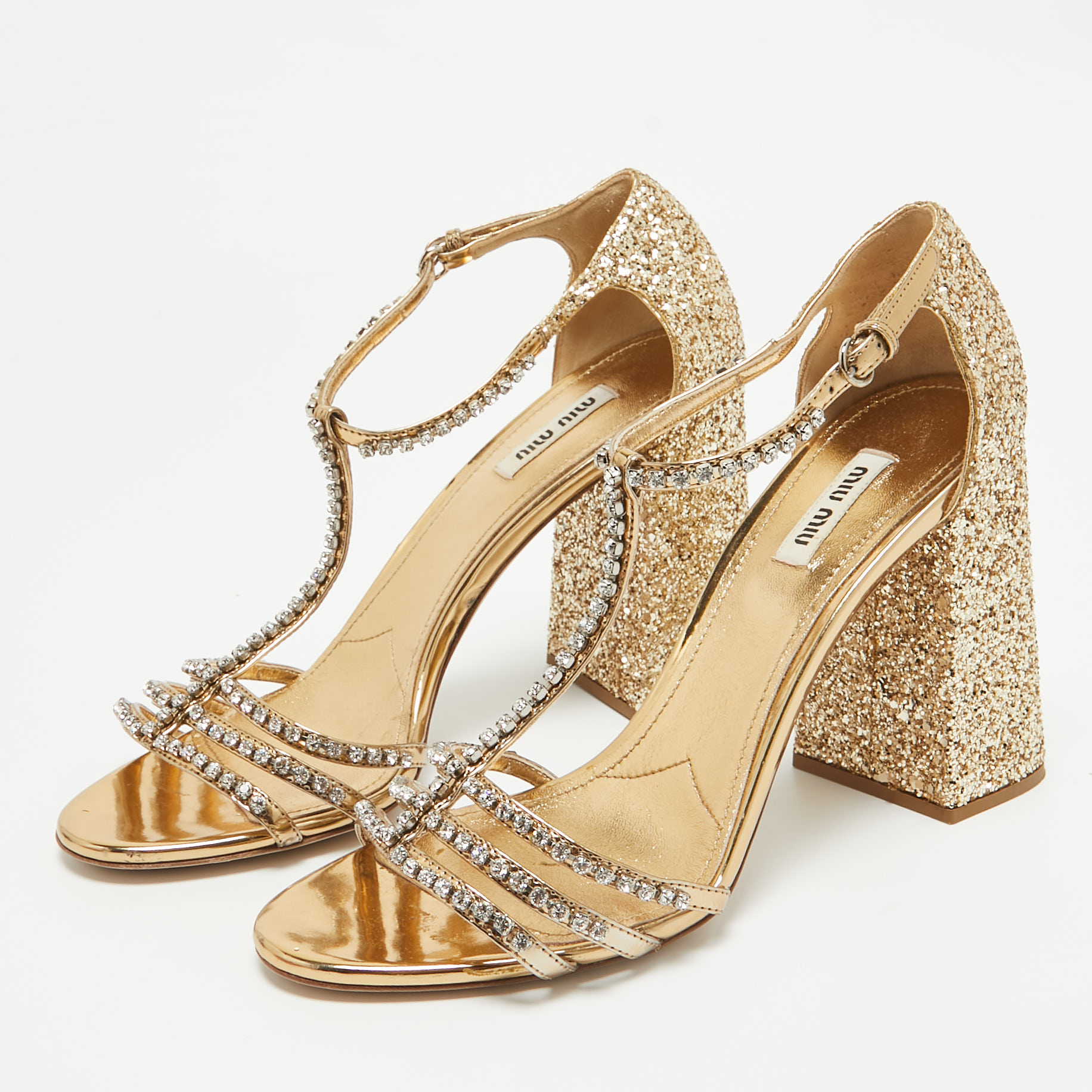 Miu Miu Metallic Glitter Crystal Embellished Ankle Strap Sandals Size 40