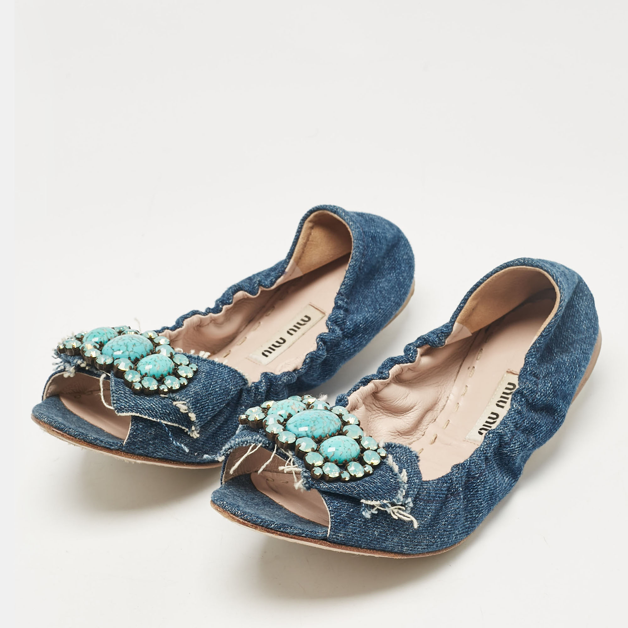 Miu Miu Blue Denim Crystal Embellished Bow Scrunch Open Toe Flats Size 37