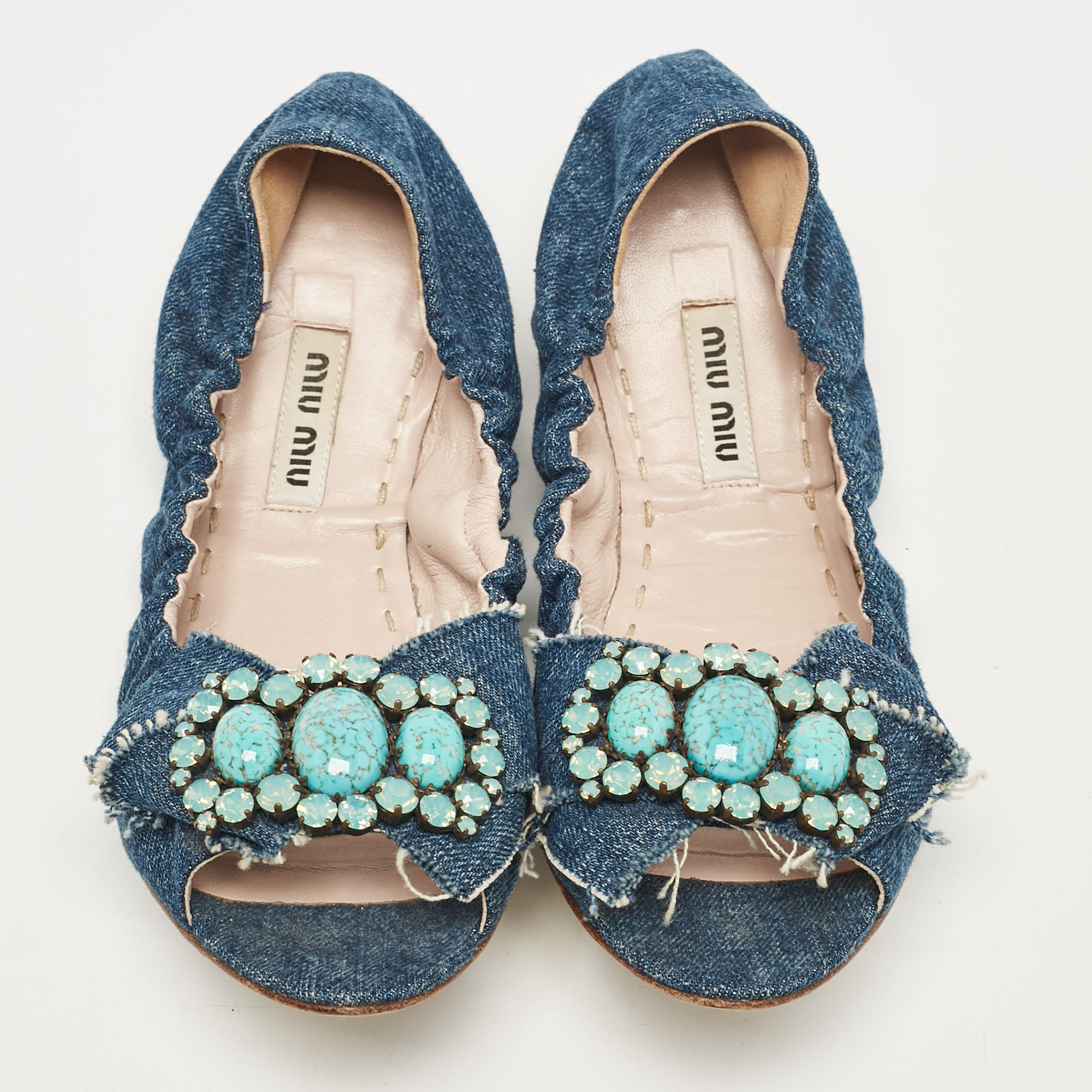 Miu Miu Blue Denim Crystal Embellished Bow Scrunch Open Toe Flats Size 37