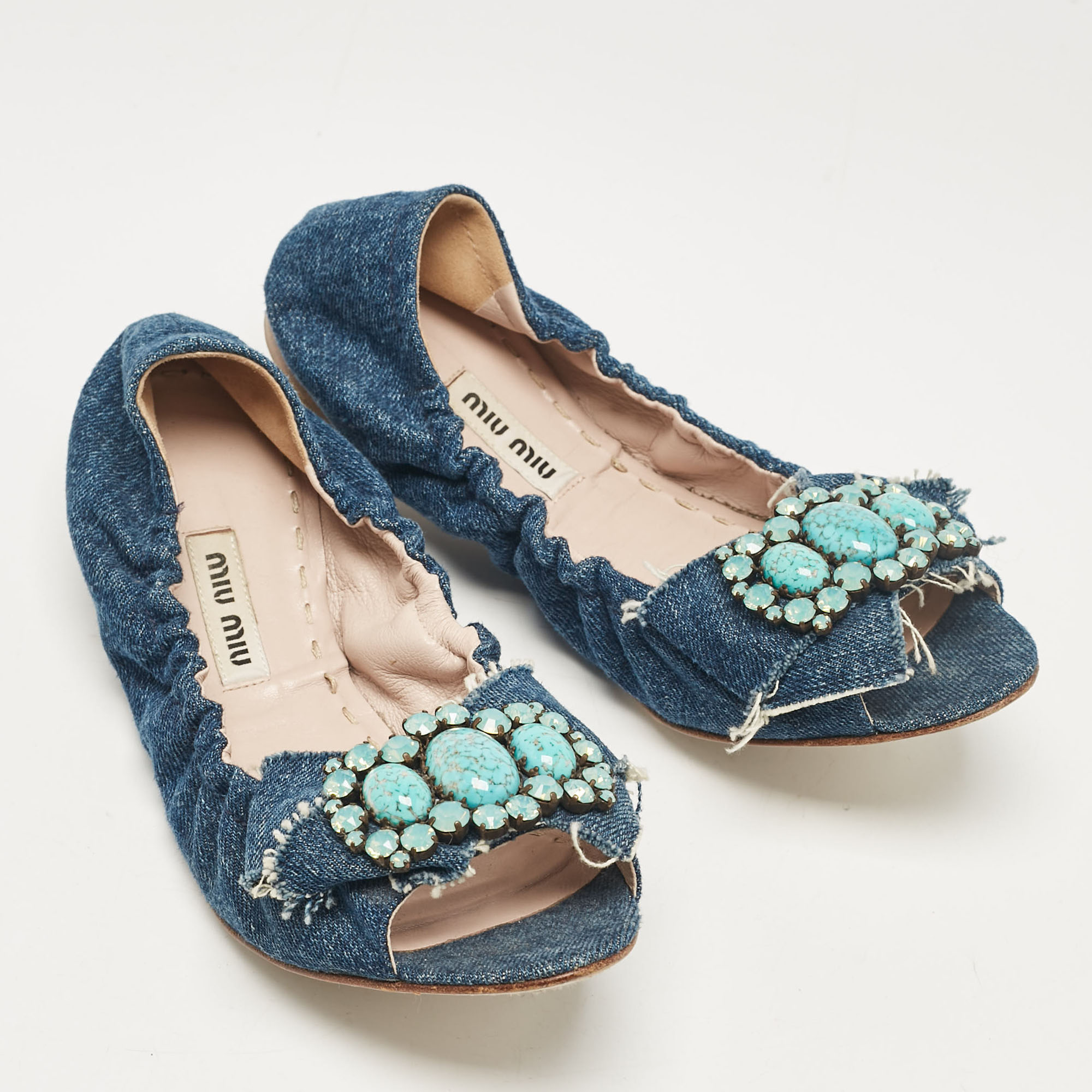 Miu Miu Blue Denim Crystal Embellished Bow Scrunch Open Toe Flats Size 37