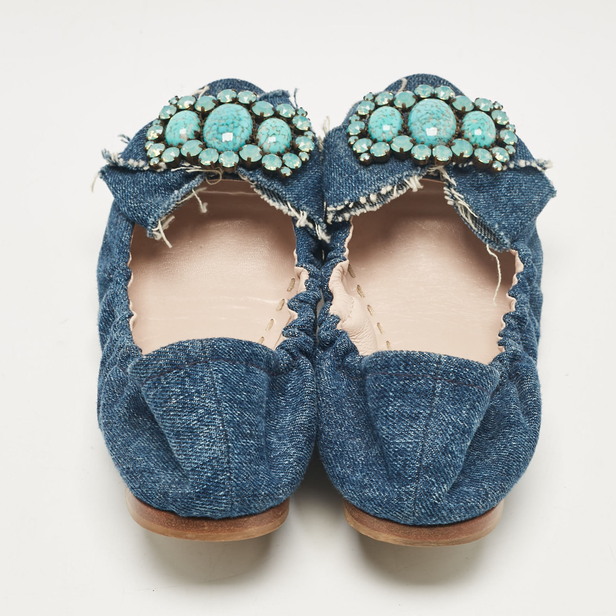 Miu Miu Blue Denim Crystal Embellished Bow Scrunch Open Toe Flats Size 37