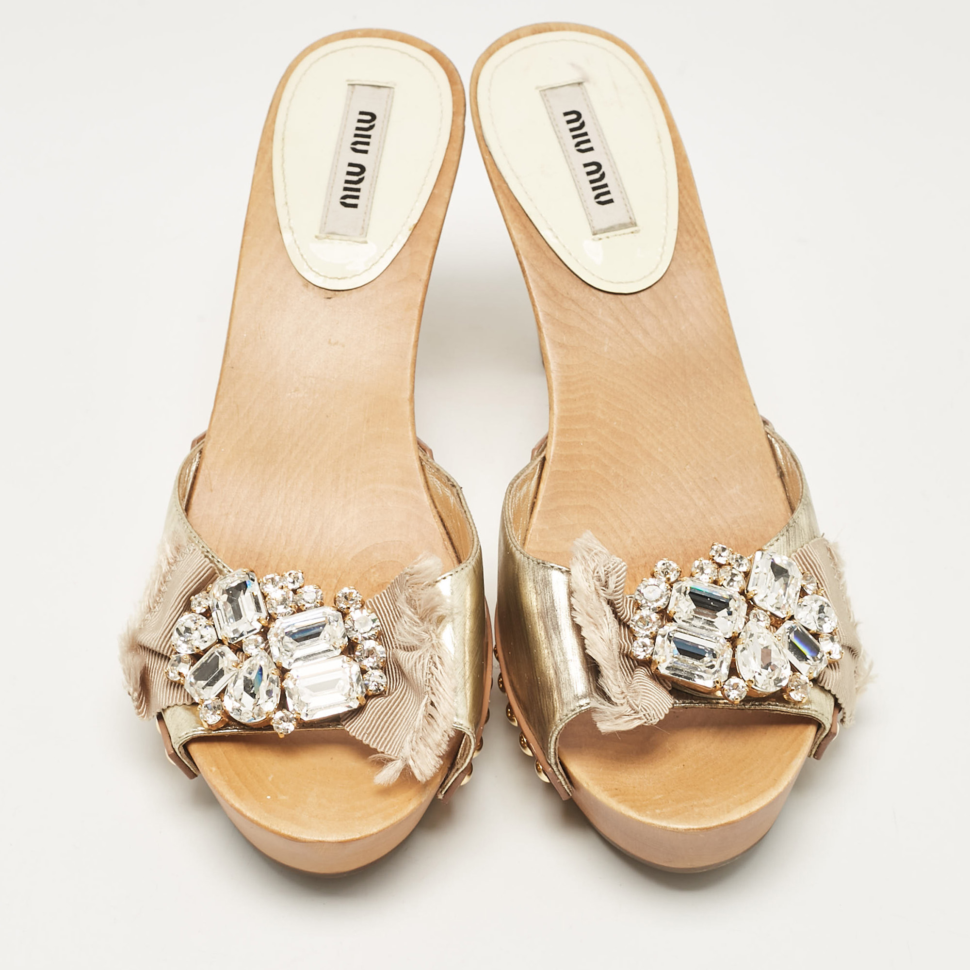 Miu Miu Gold Leather Crystal Embellished Slide Sandals Size 37