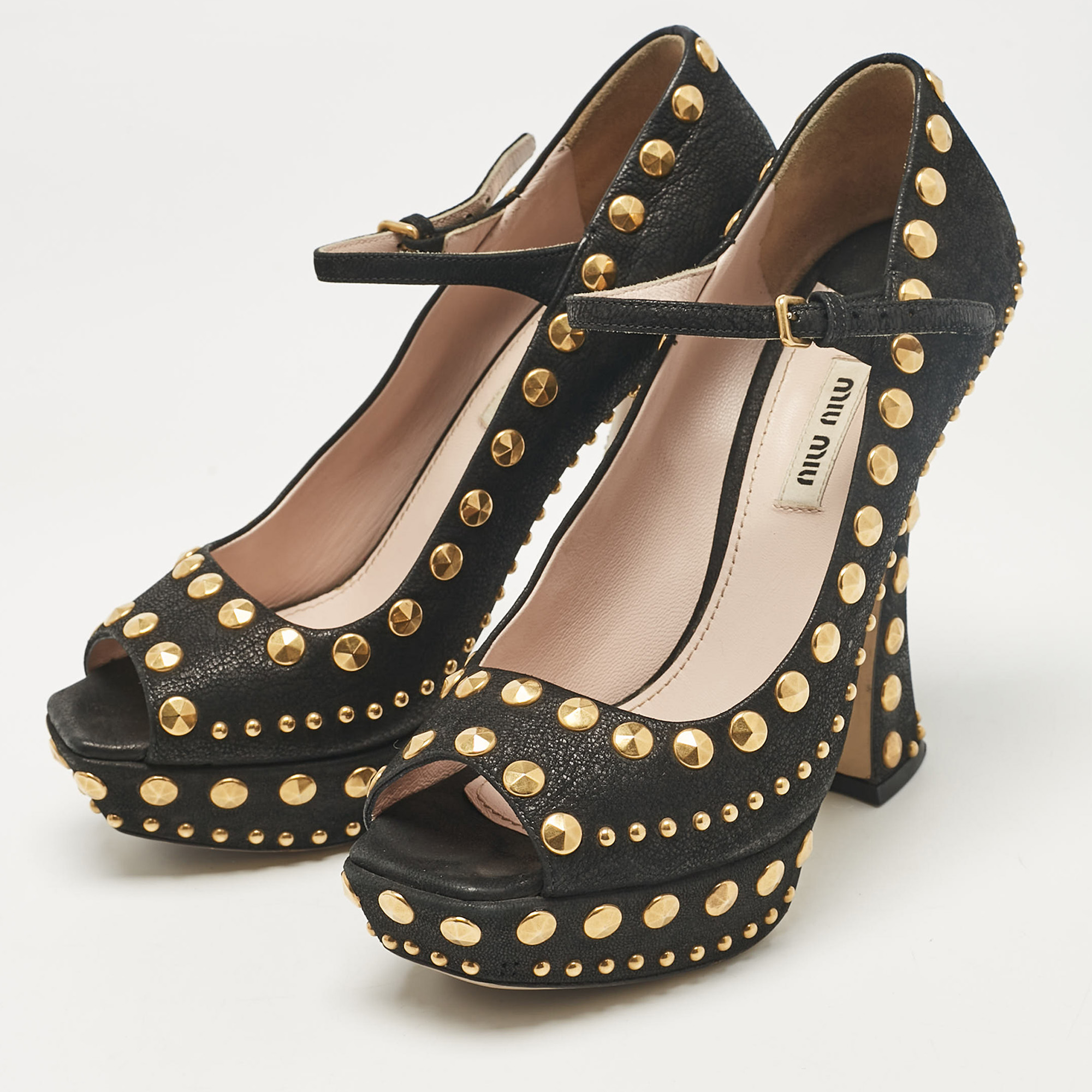 Miu Miu Black Leather Studded Open Toe Platform Mary Jane Pumps Size 38.5