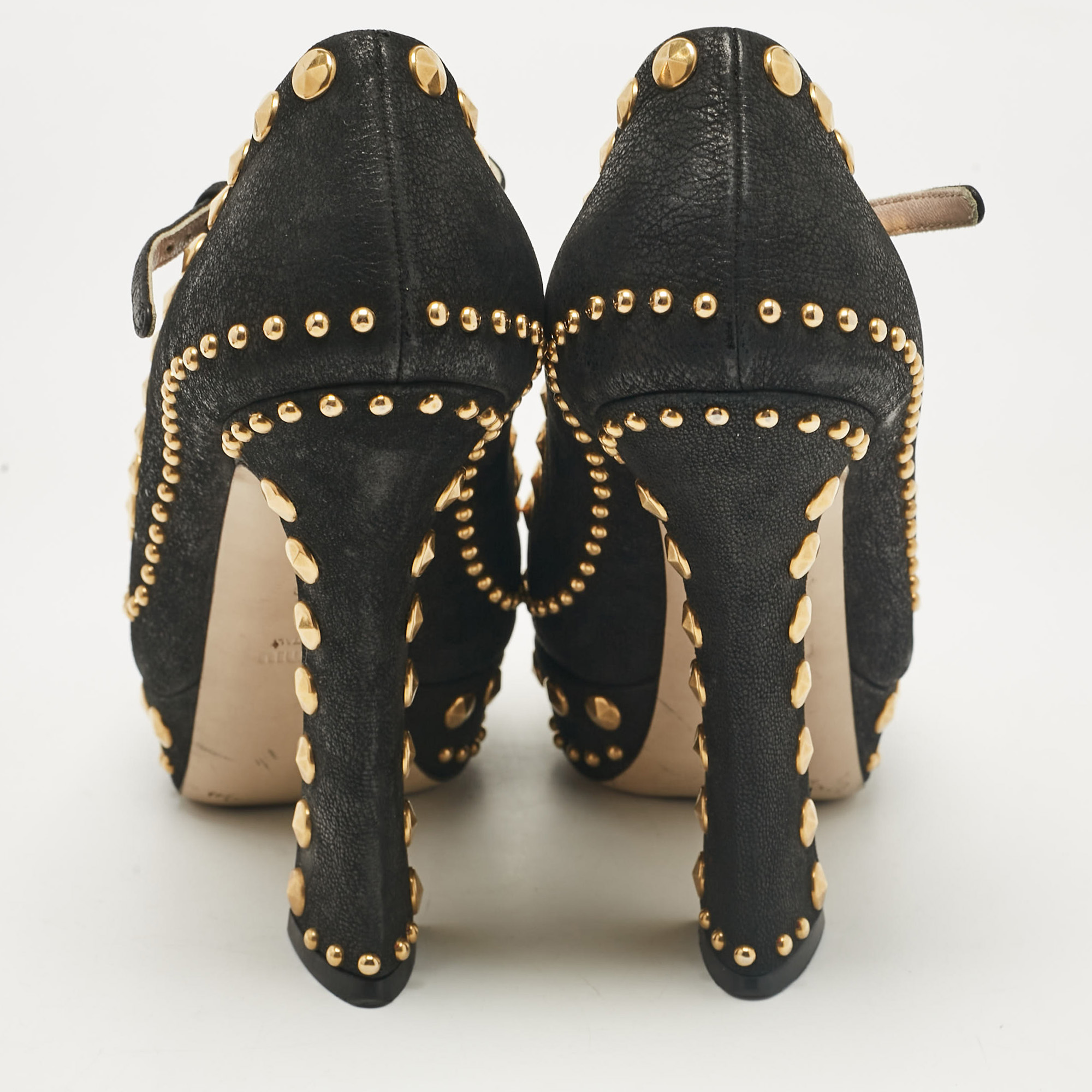 Miu Miu Black Leather Studded Open Toe Platform Mary Jane Pumps Size 38.5