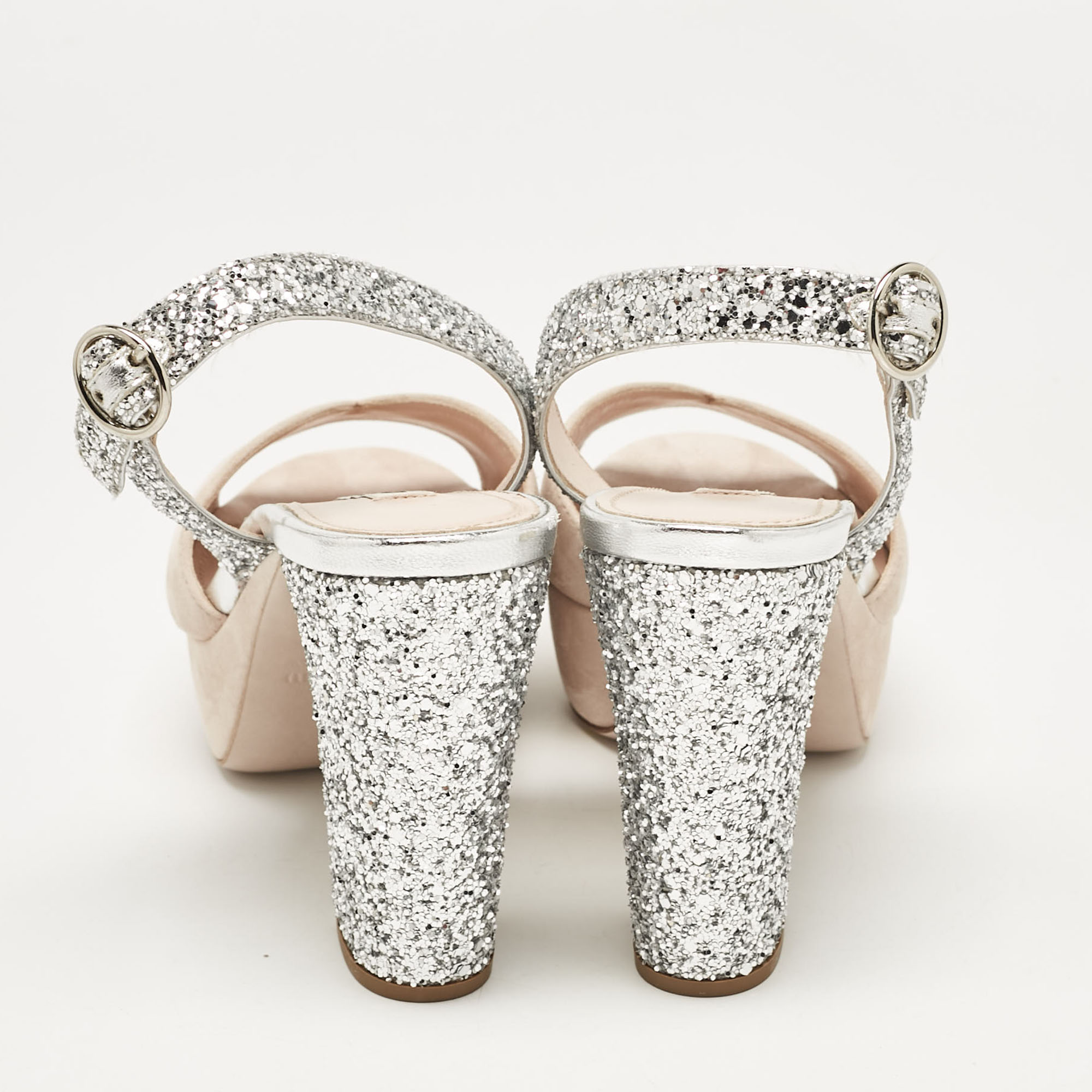 Miu Miu Pink/Silver Suede And Glitter Platform Sandals Size 36