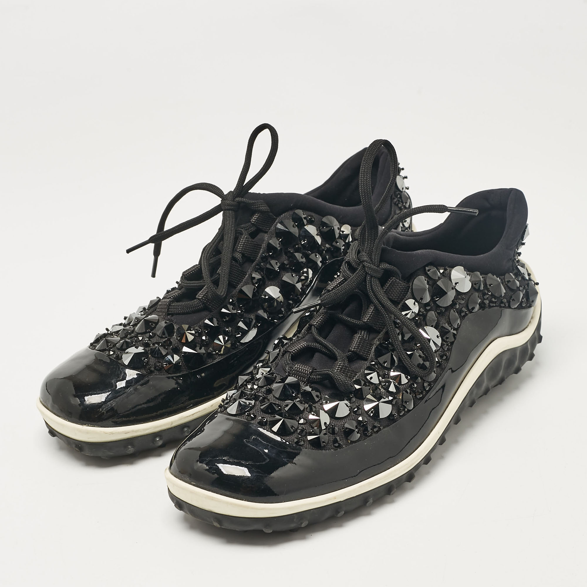 Miu Miu Black Fabric And Patent Lace Up Sneakers Size 38.5