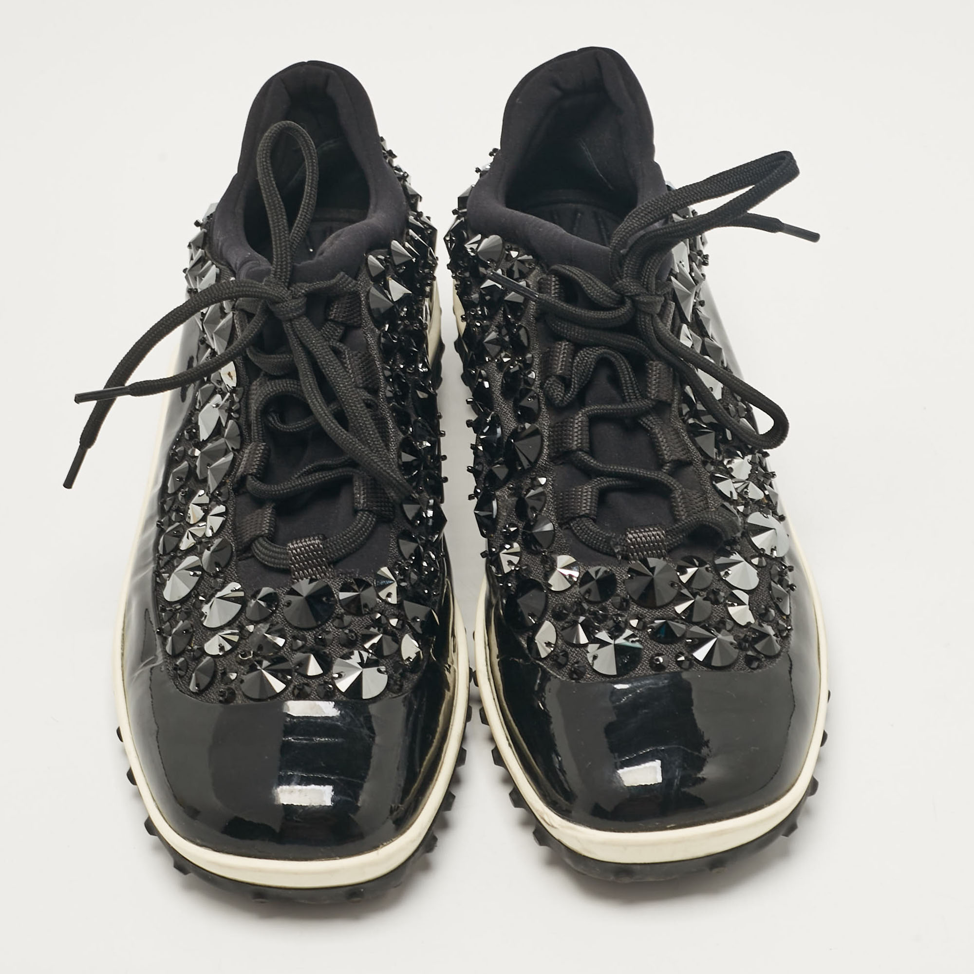 Miu Miu Black Fabric And Patent Lace Up Sneakers Size 38.5