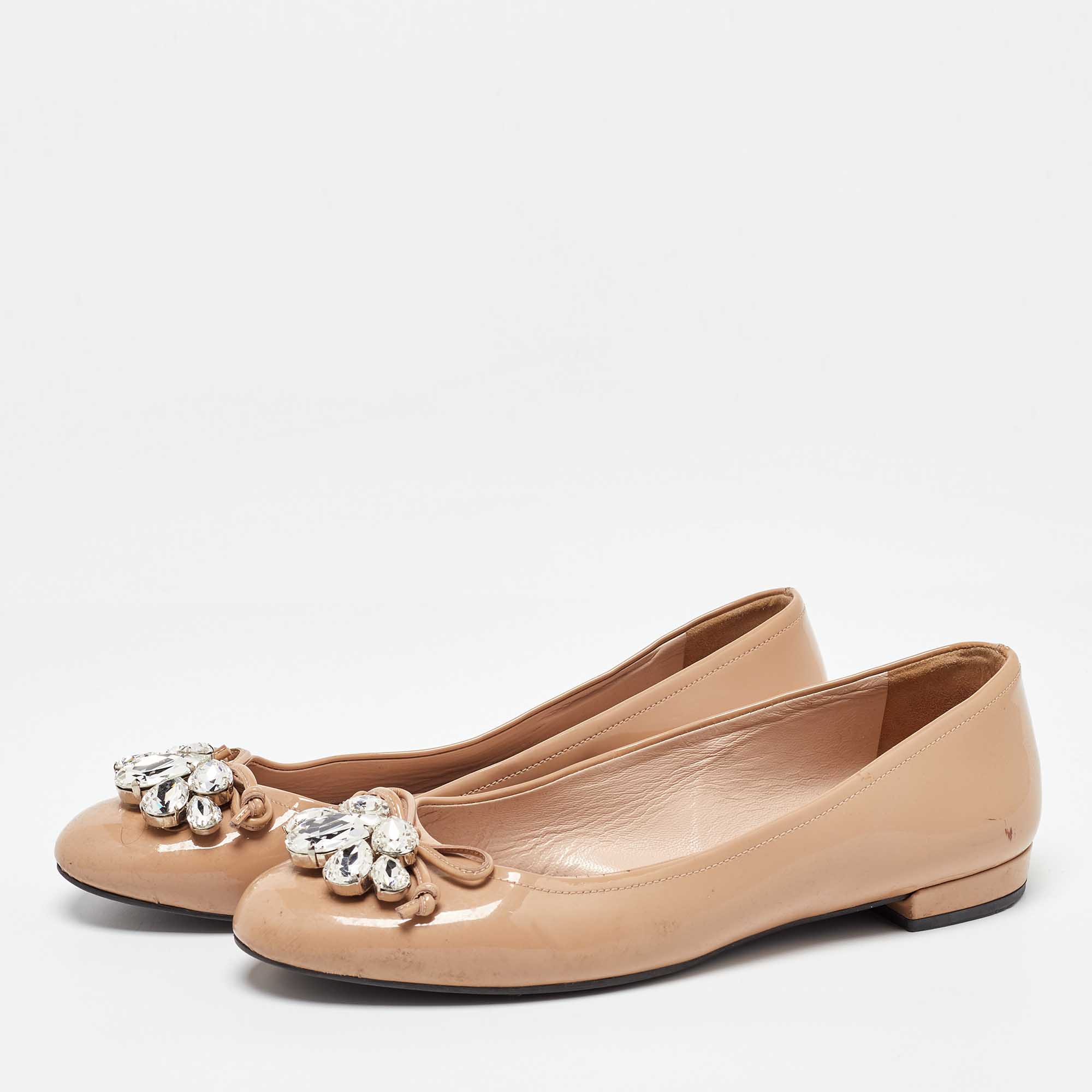 Miu Miu Beige Patent Leather Crystal Embellished Ballet Flats Size 37.5