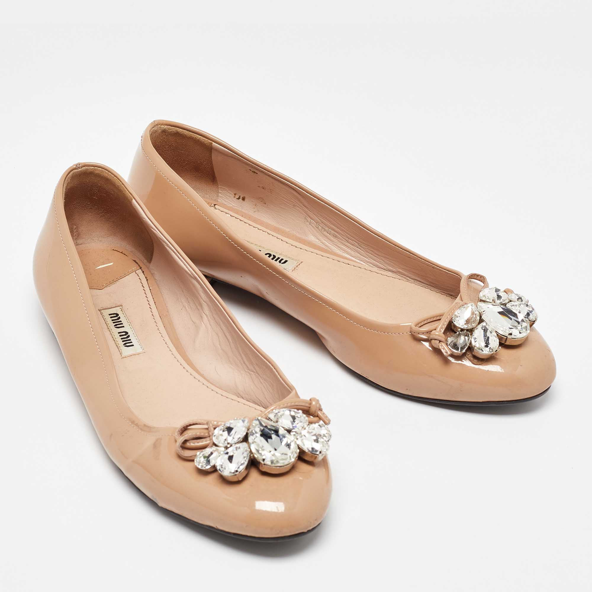 Miu Miu Beige Patent Leather Crystal Embellished Ballet Flats Size 37.5