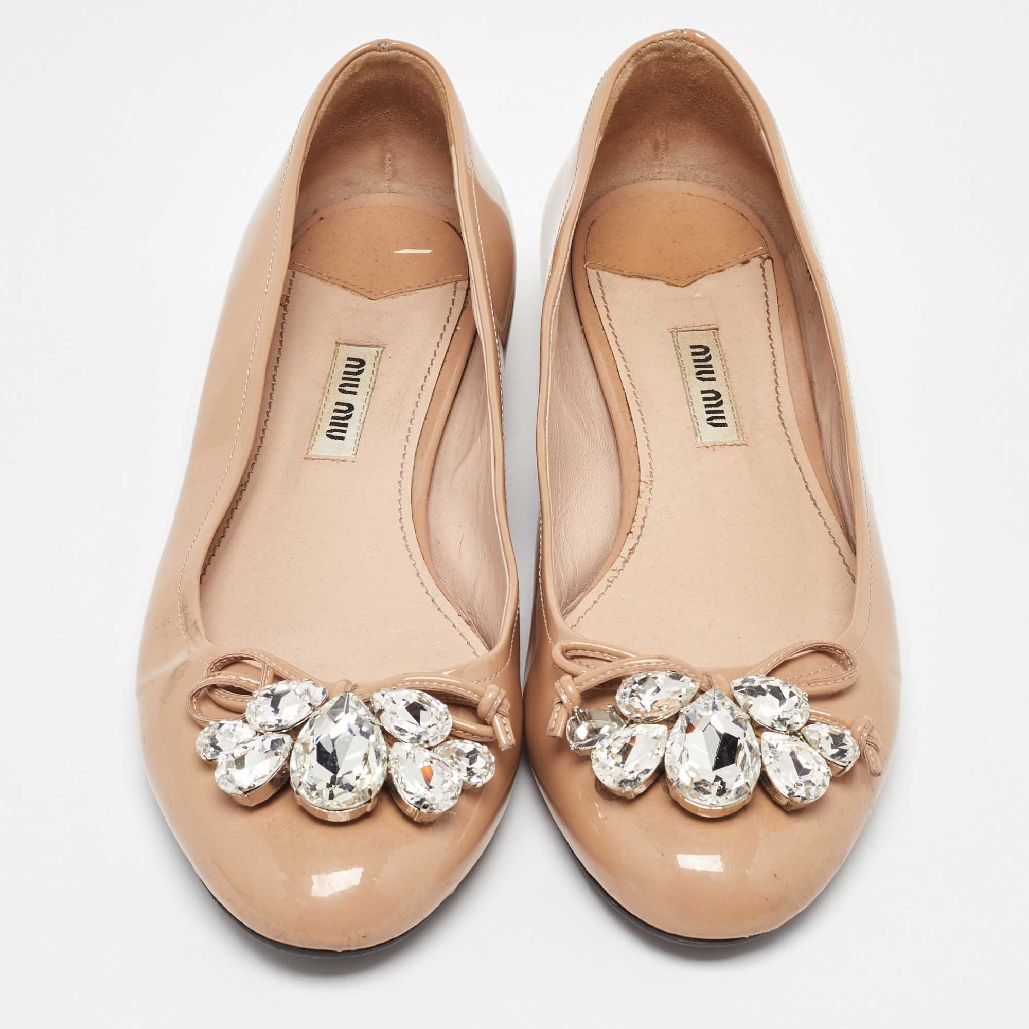 Miu Miu Beige Patent Leather Crystal Embellished Ballet Flats Size 37.5