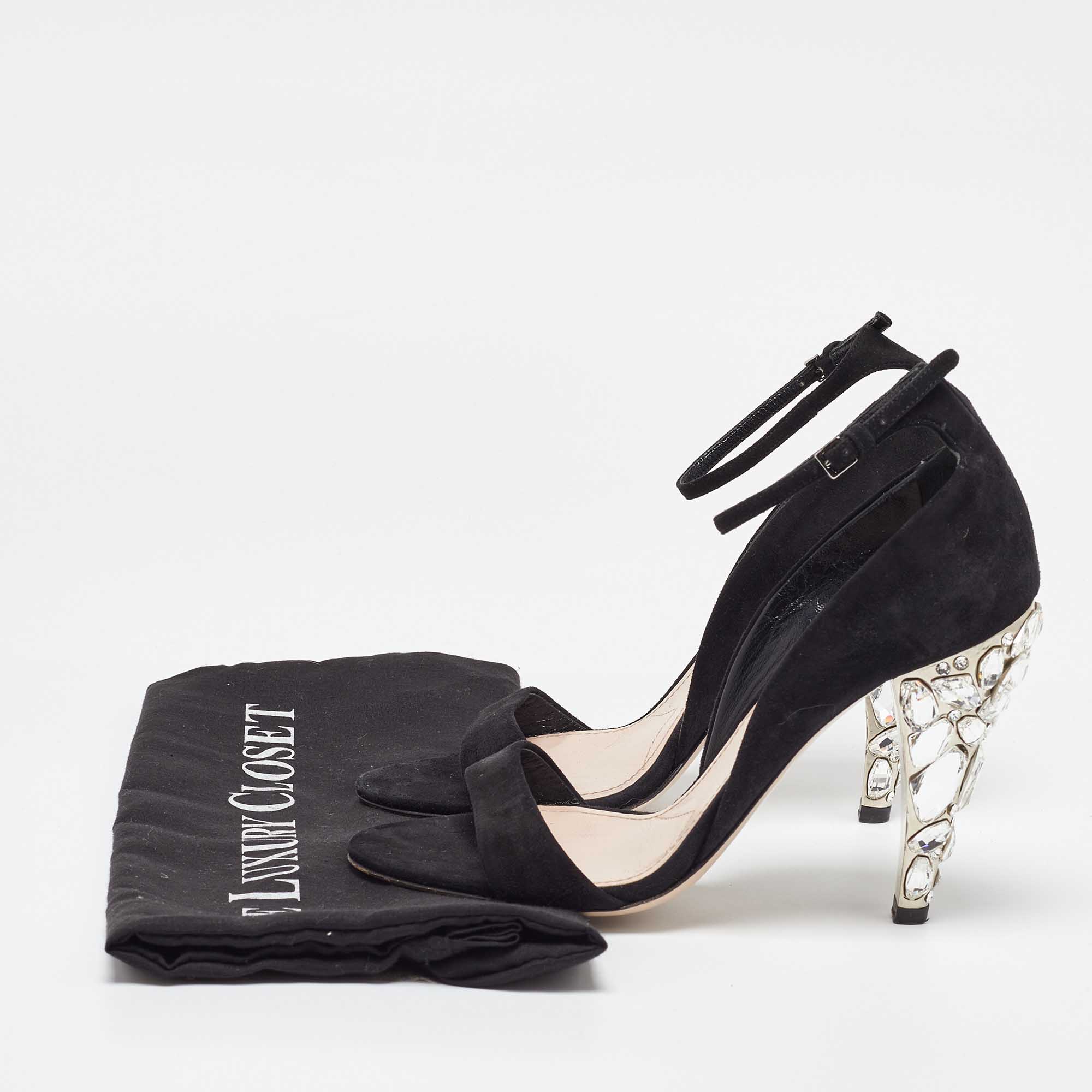 Miu Miu Black Suede Crystal Embellished Ankle Strap Sandals Size 36