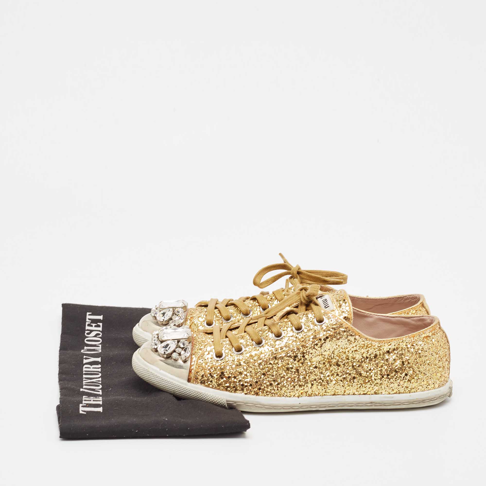 Miu Miu Gold Glitter And Leather Low Top Sneakers Size 39