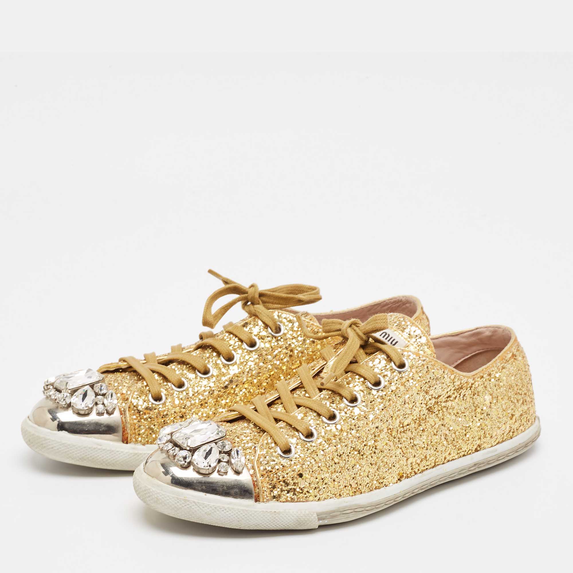 Miu Miu Gold Glitter And Leather Low Top Sneakers Size 39