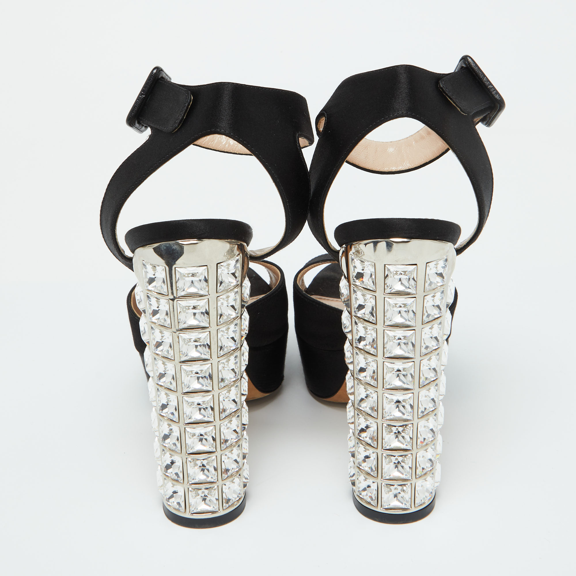 Miu Miu Black Satin Crystal Embellished Block Heel Platform Sandals Size 35.5