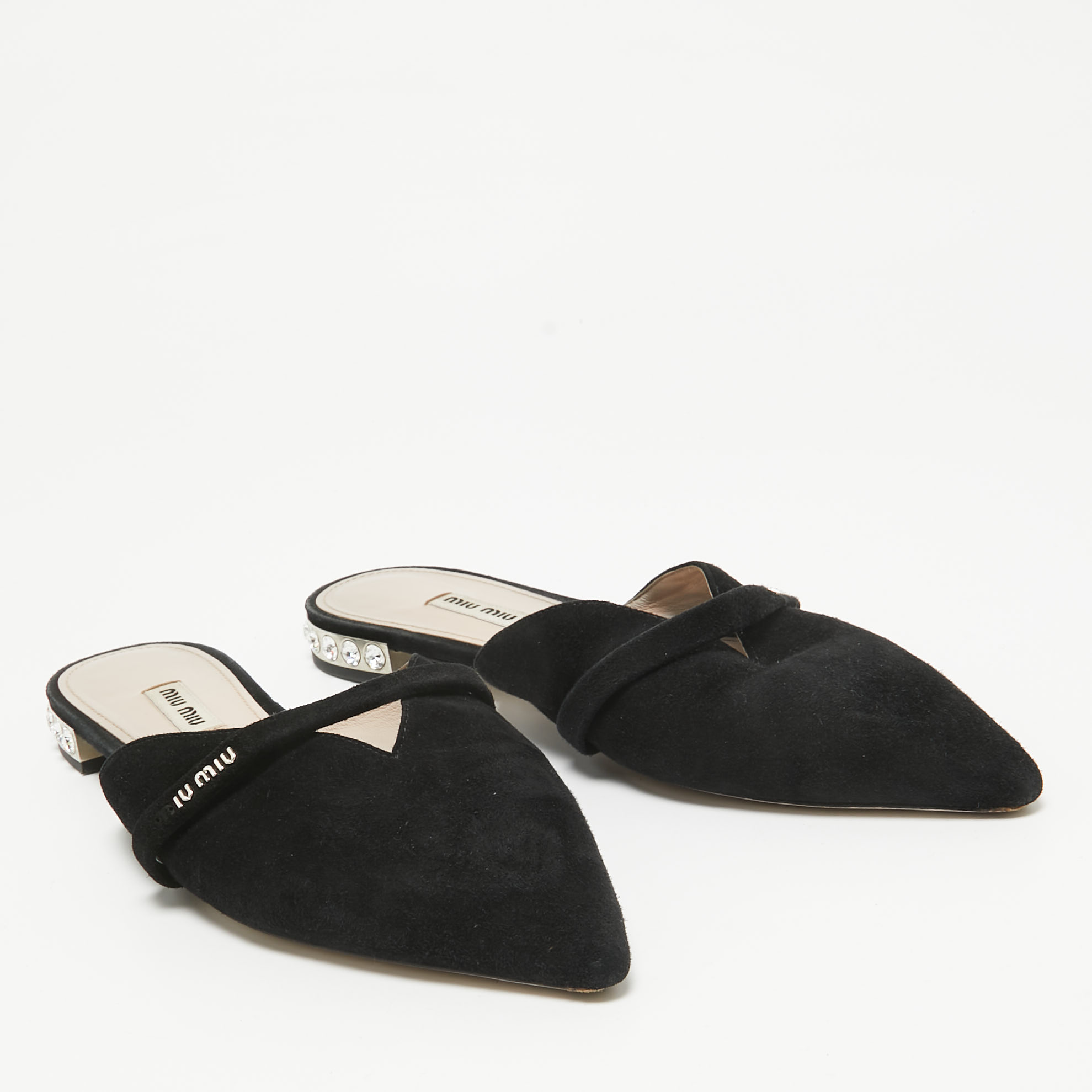 Miu Miu Black Suede Crystal Embellished Flat Mules Size 39.5