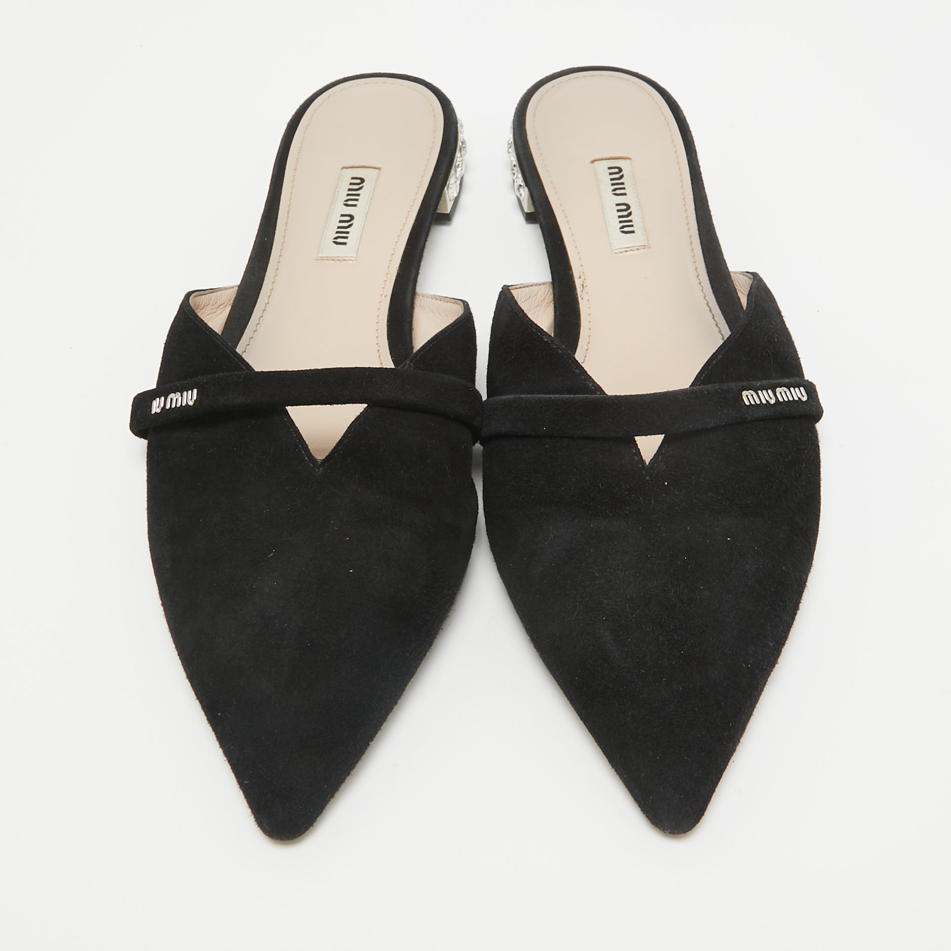 Miu Miu Black Suede Crystal Embellished Flat Mules Size 39.5