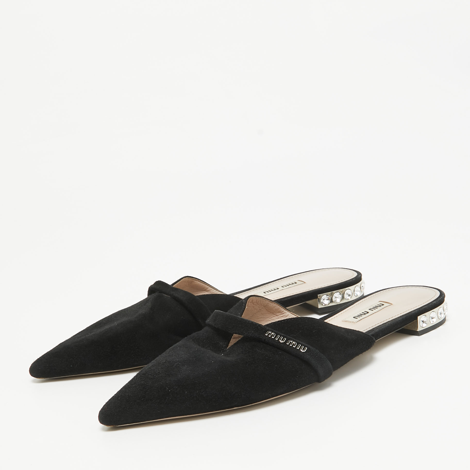 Miu Miu Black Suede Crystal Embellished Flat Mules Size 39.5