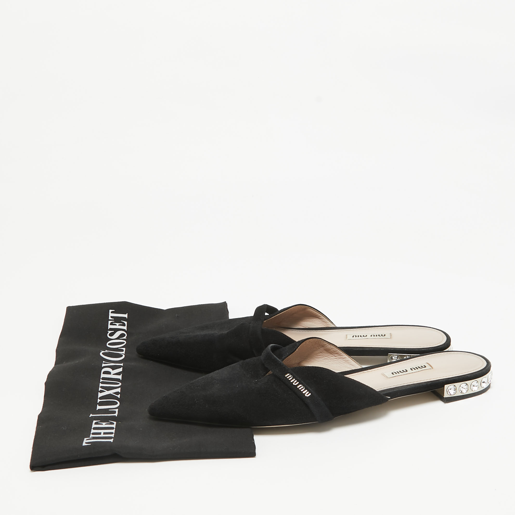 Miu Miu Black Suede Crystal Embellished Flat Mules Size 39.5