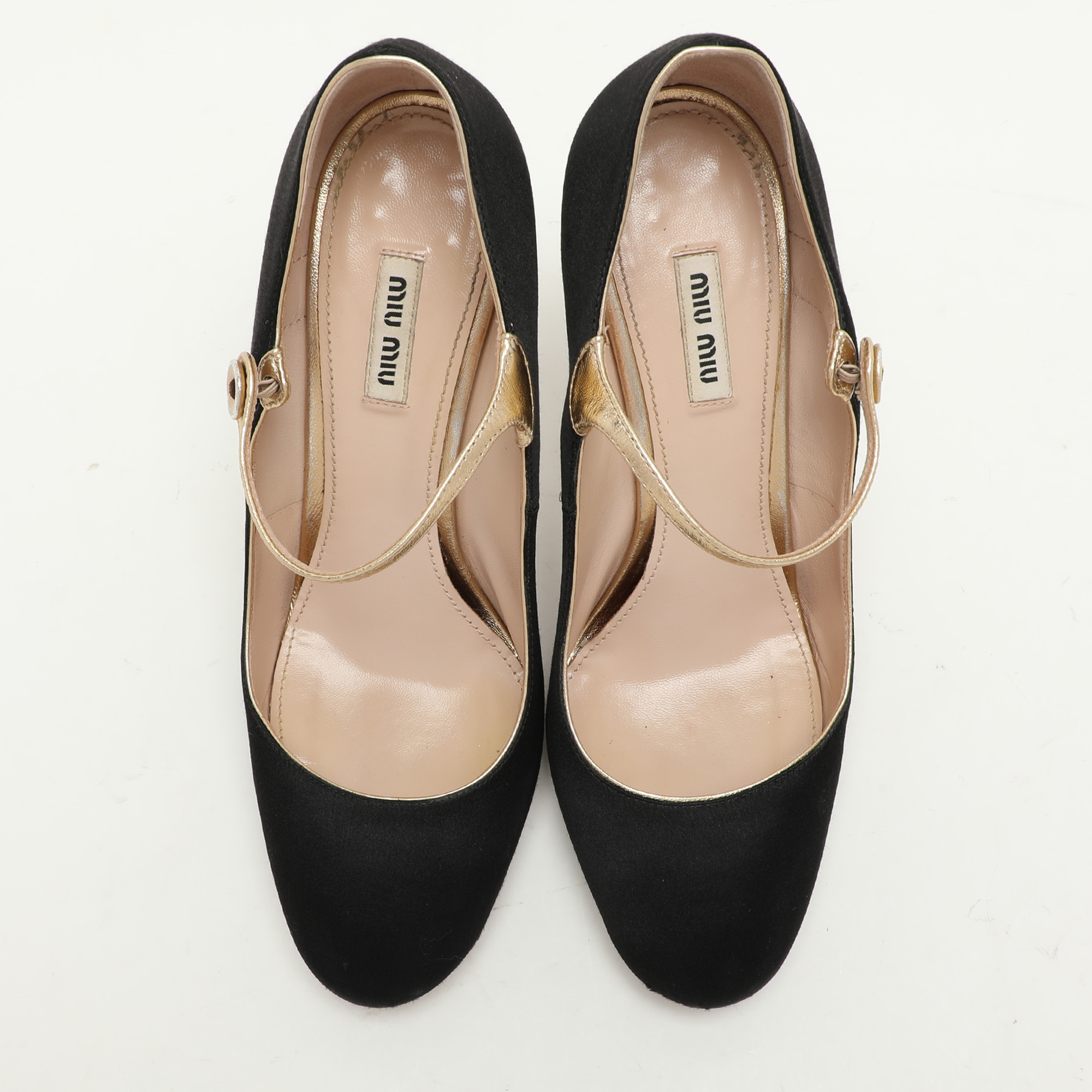 Miu Miu Black/Gold Satin And Leather Mary Jane Pumps Size 40