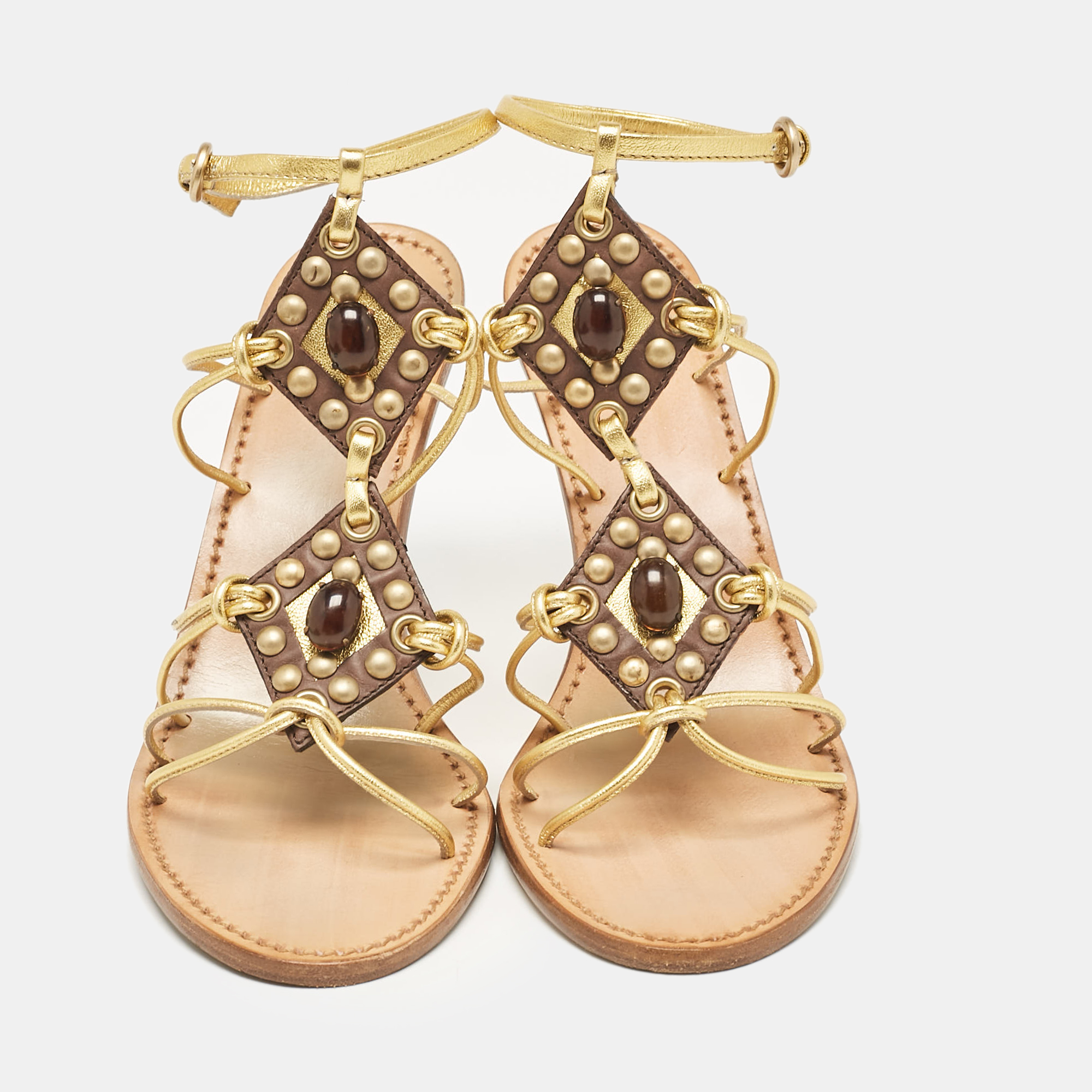 Miu Miu Gold Leather Crystal Embellished Ankle Strap Sandals Size 38.5