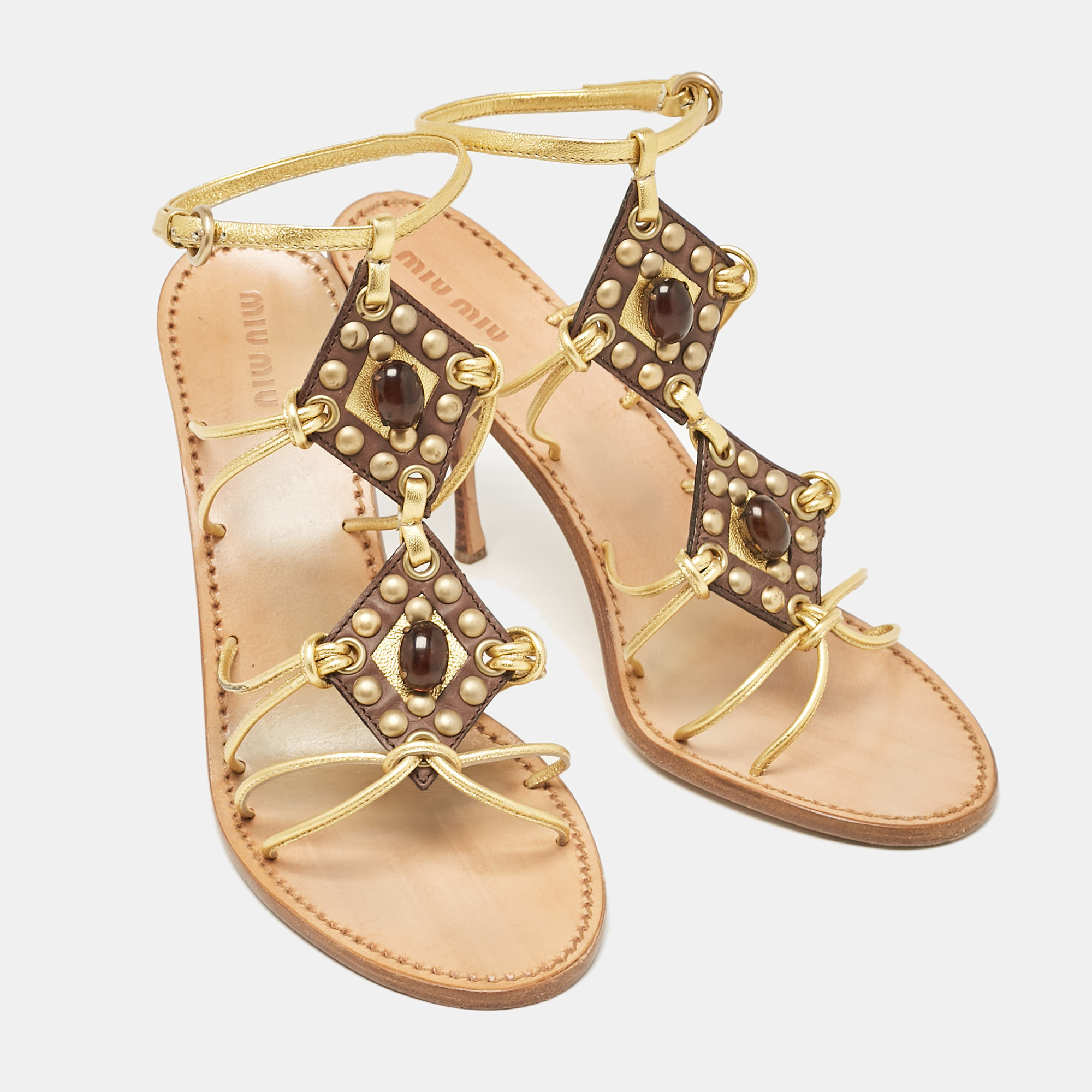 Miu Miu Gold Leather Crystal Embellished Ankle Strap Sandals Size 38.5