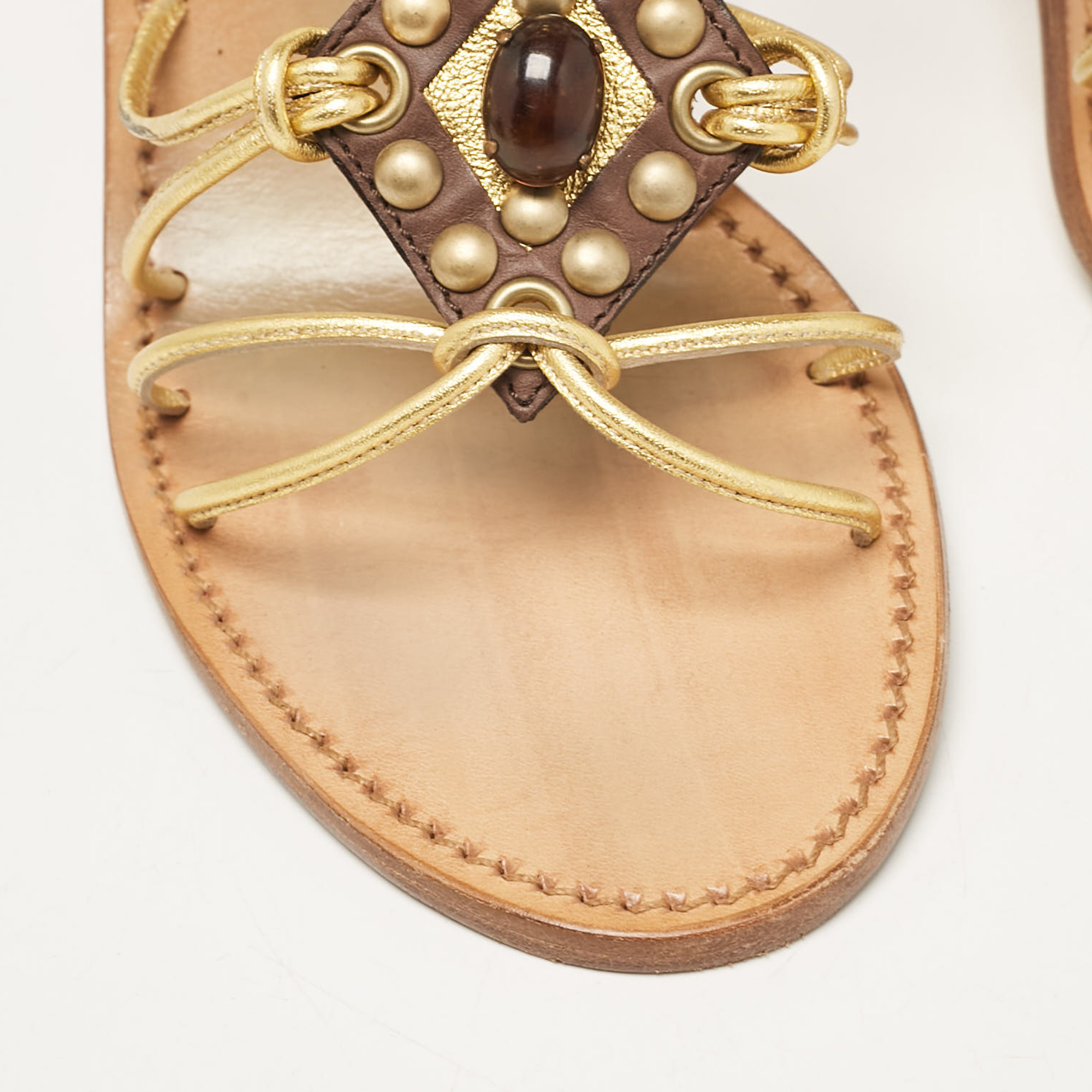 Miu Miu Gold Leather Crystal Embellished Ankle Strap Sandals Size 38.5