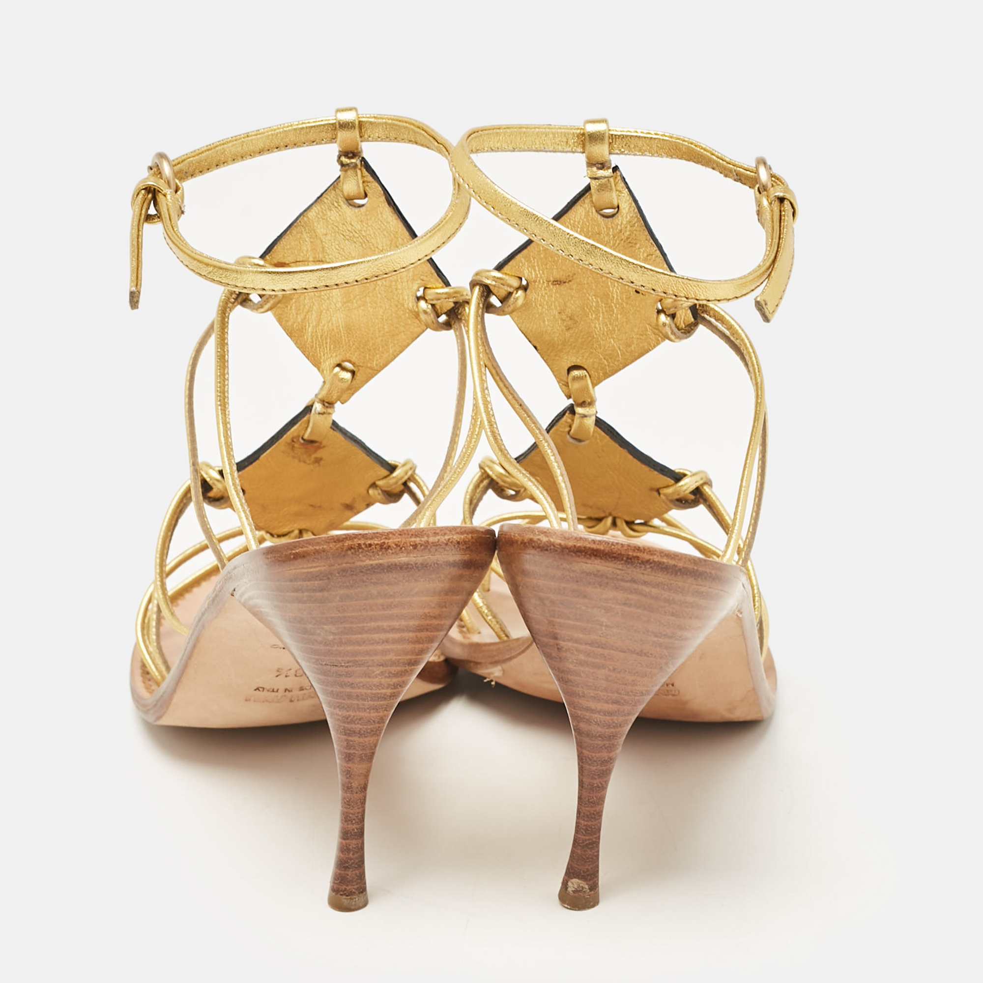 Miu Miu Gold Leather Crystal Embellished Ankle Strap Sandals Size 38.5