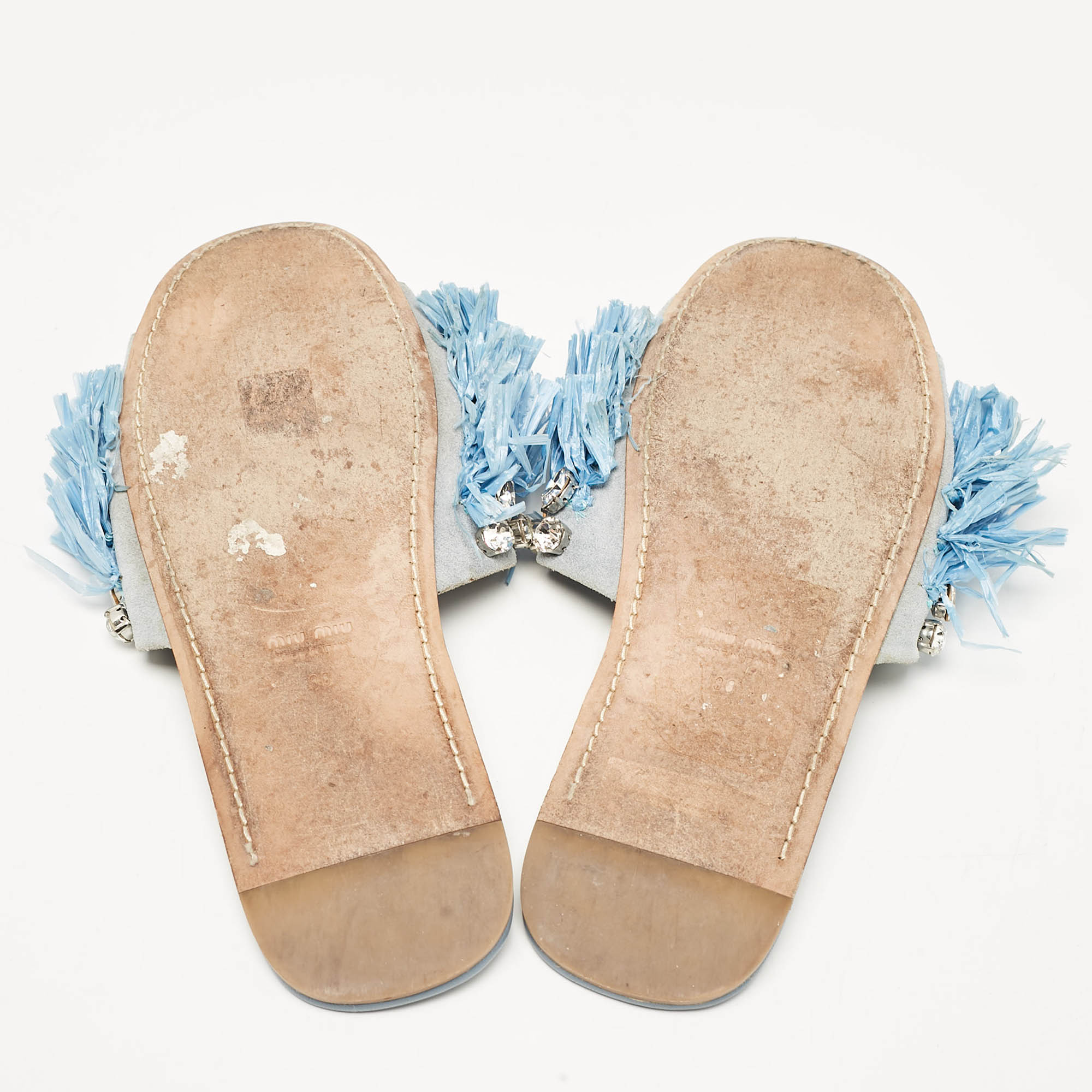 Miu Miu Blue Raffia And Suede Crystal Embellished Flat Slides Size 38