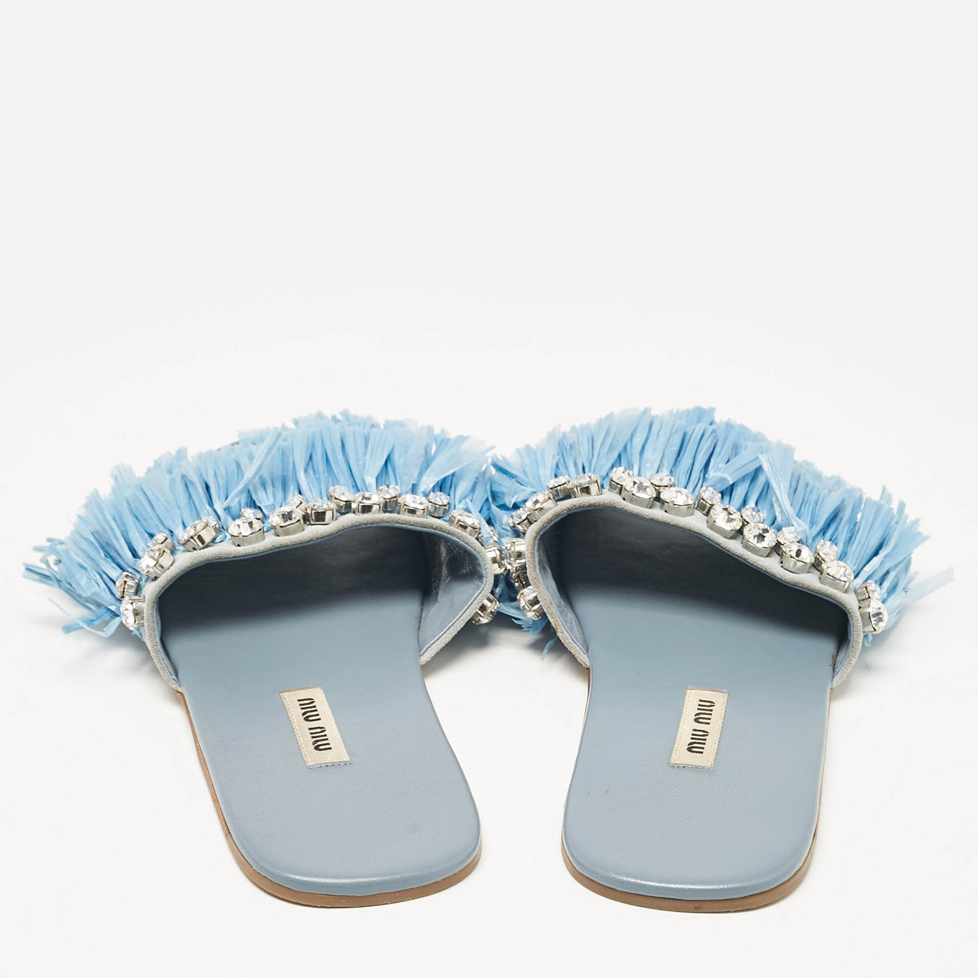 Miu Miu Blue Raffia And Suede Crystal Embellished Flat Slides Size 38