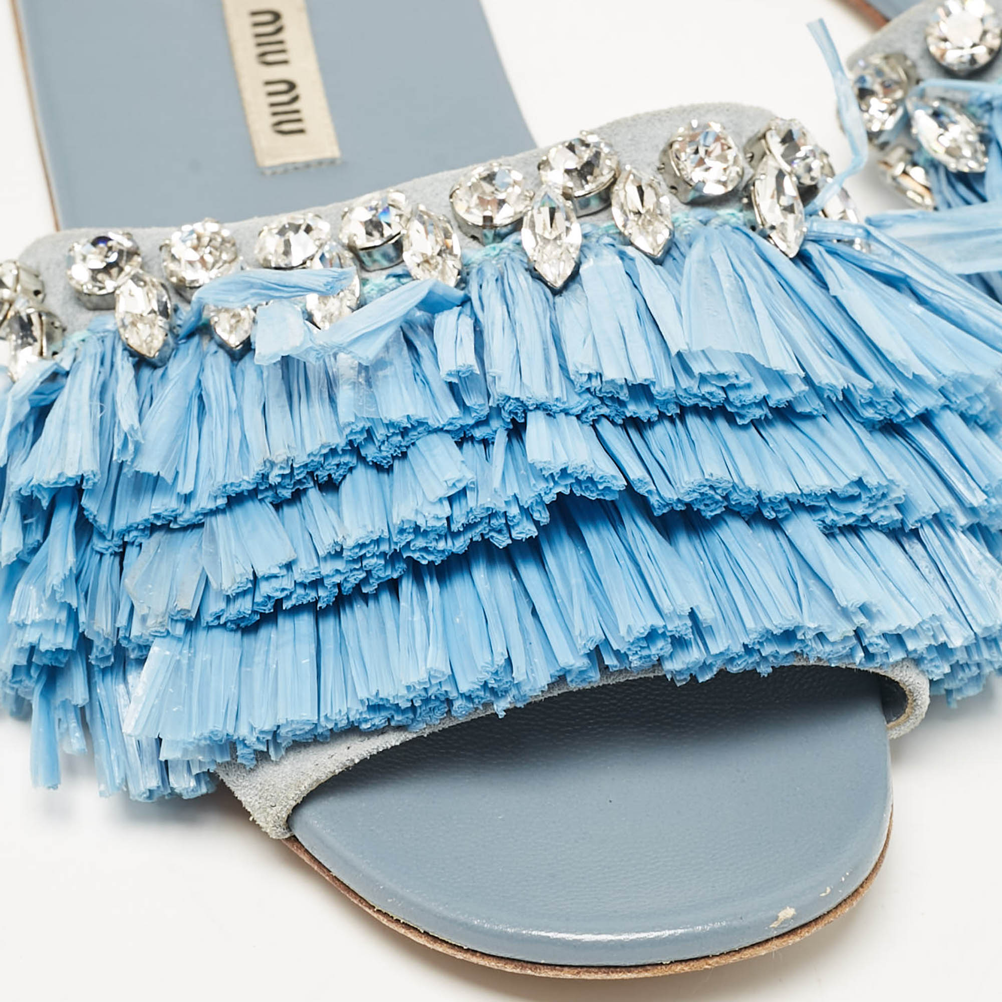 Miu Miu Blue Raffia And Suede Crystal Embellished Flat Slides Size 38