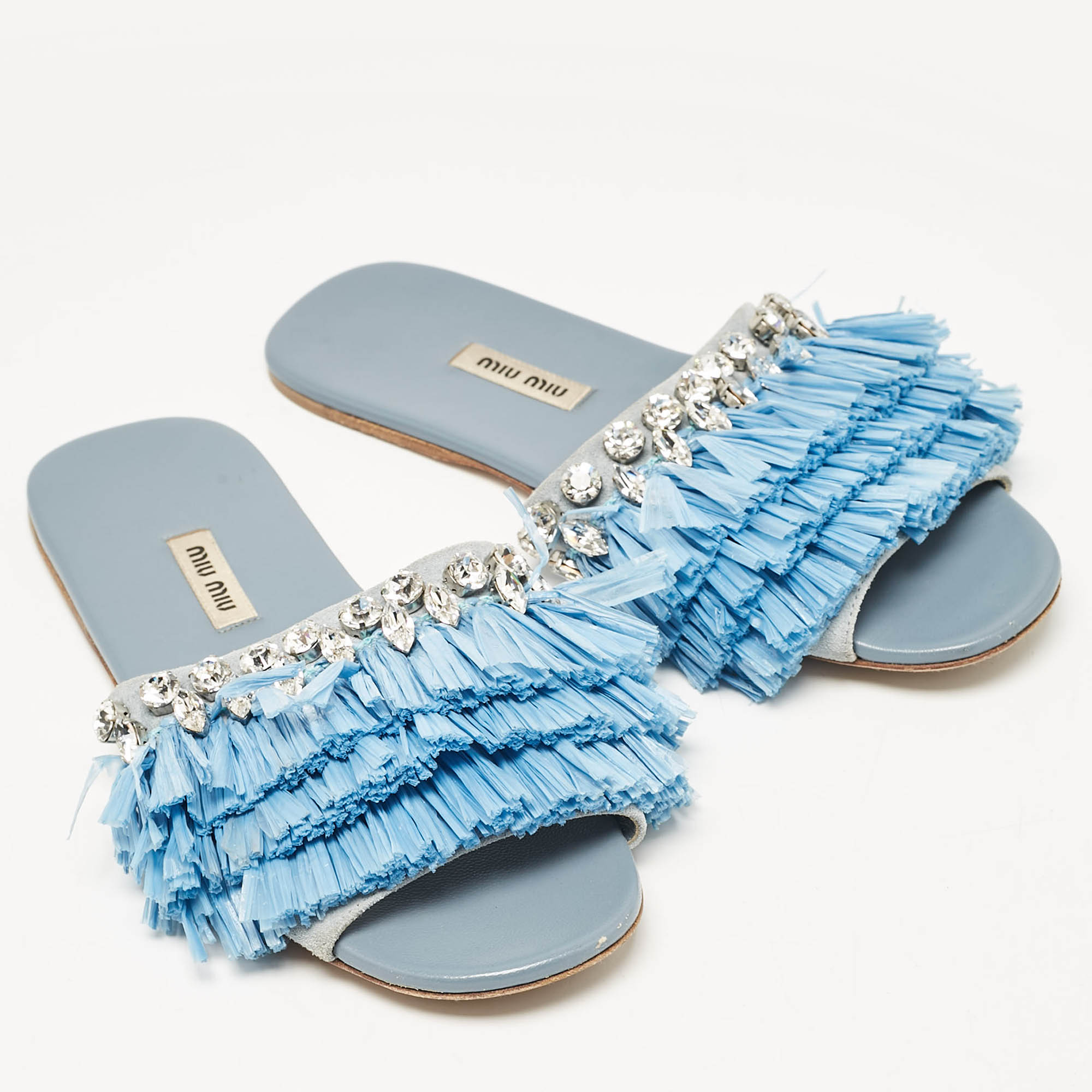 Miu Miu Blue Raffia And Suede Crystal Embellished Flat Slides Size 38