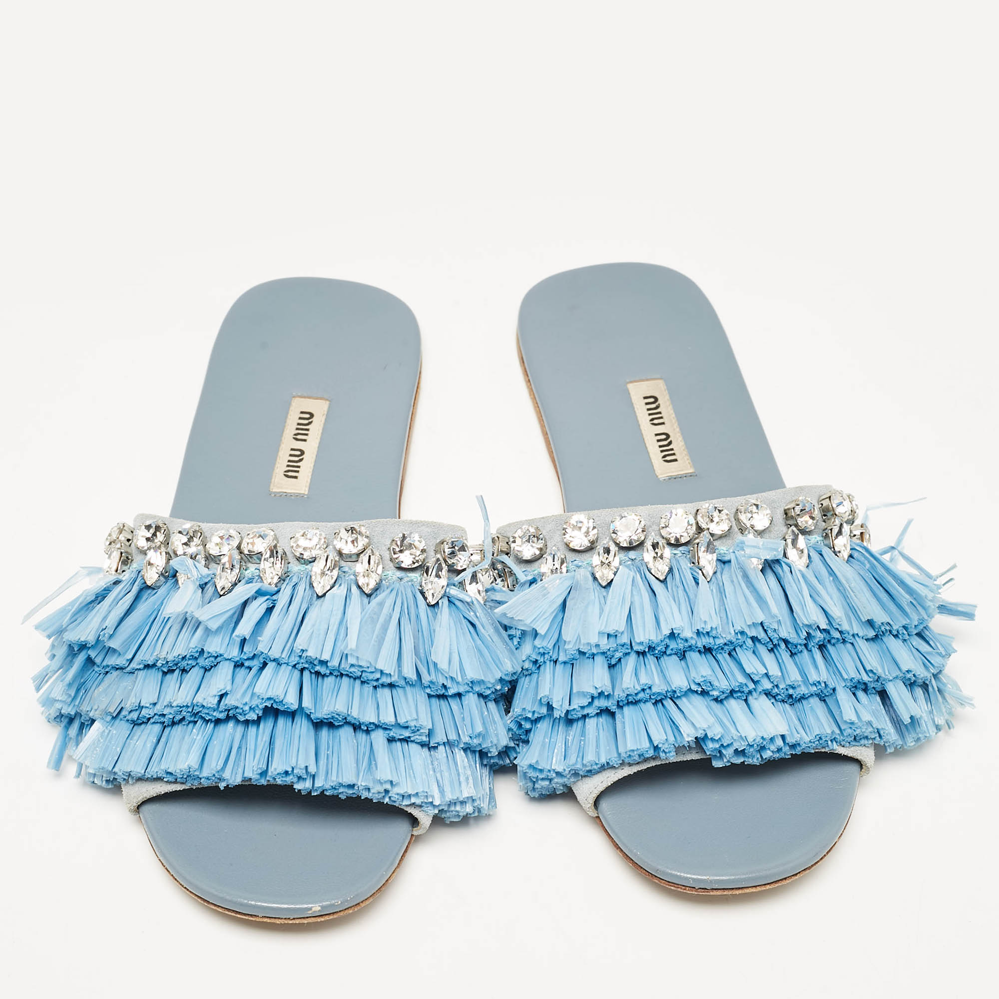 Miu Miu Blue Raffia And Suede Crystal Embellished Flat Slides Size 38