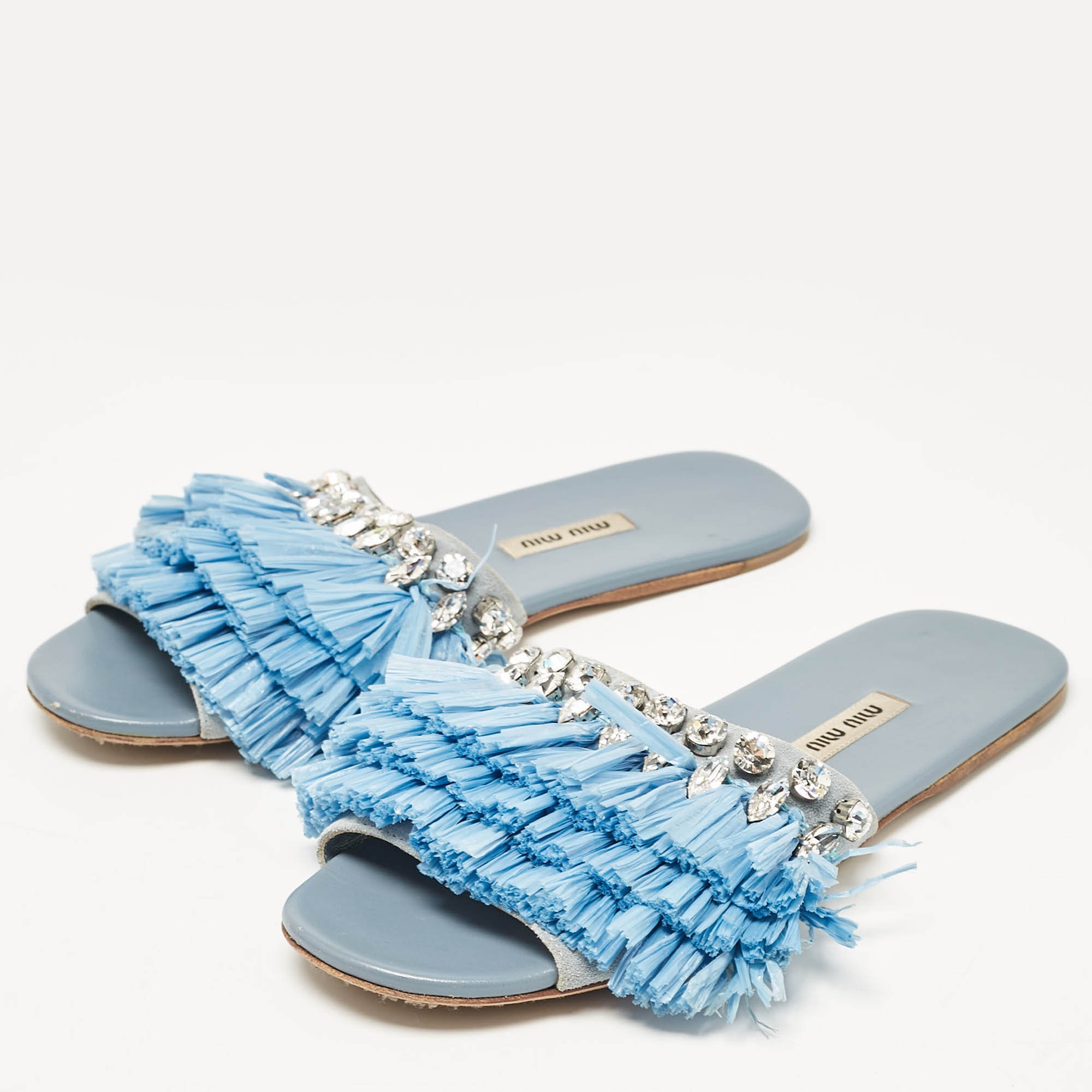 Miu Miu Blue Raffia And Suede Crystal Embellished Flat Slides Size 38