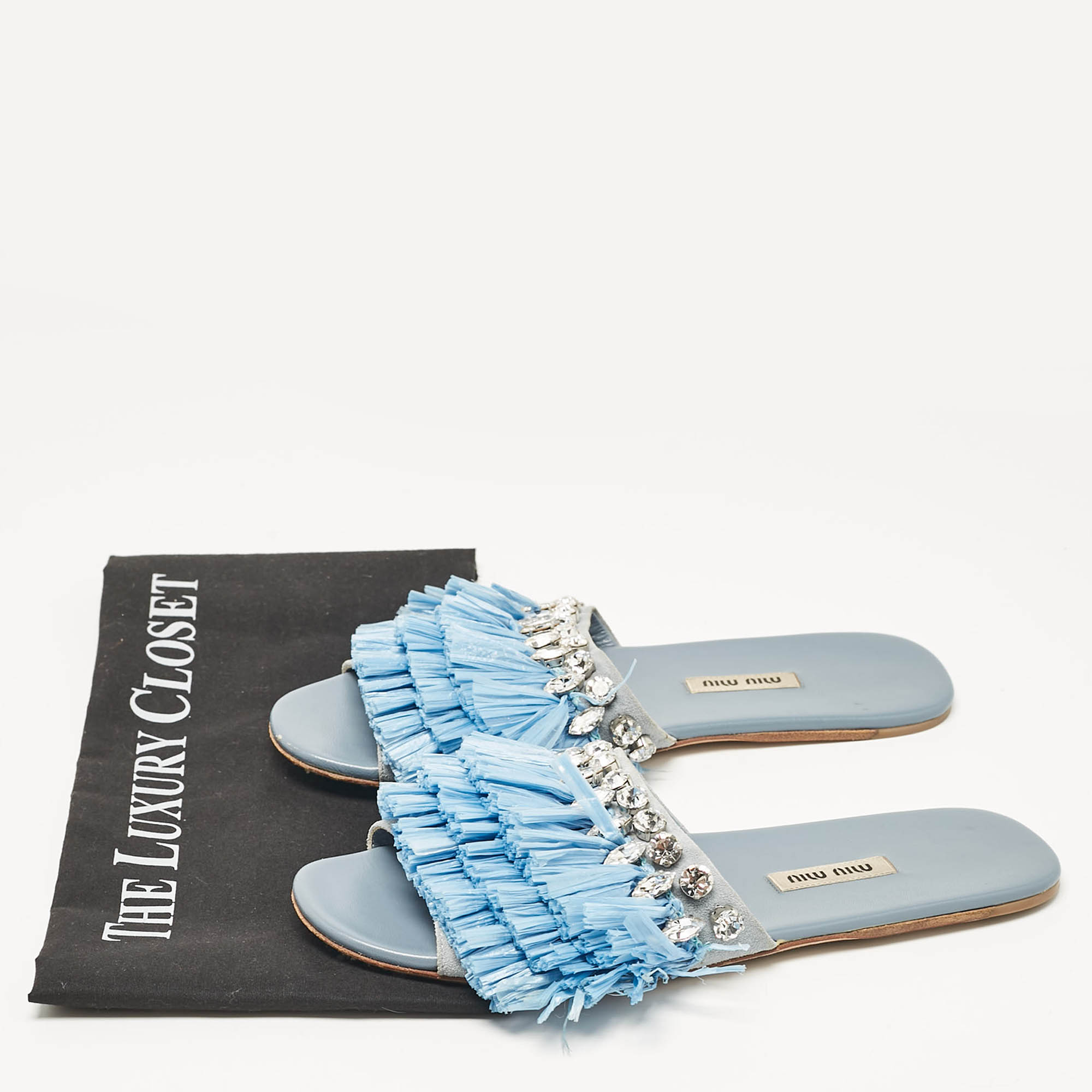 Miu Miu Blue Raffia And Suede Crystal Embellished Flat Slides Size 38