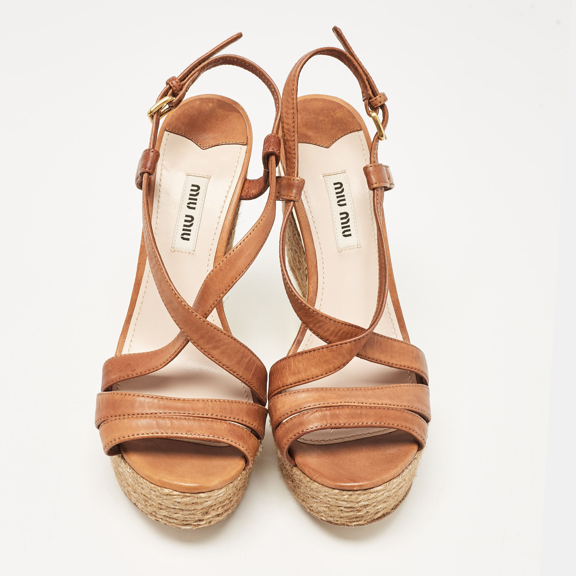 Miu Miu Brown Leather Wedge Sandals Size 37.5