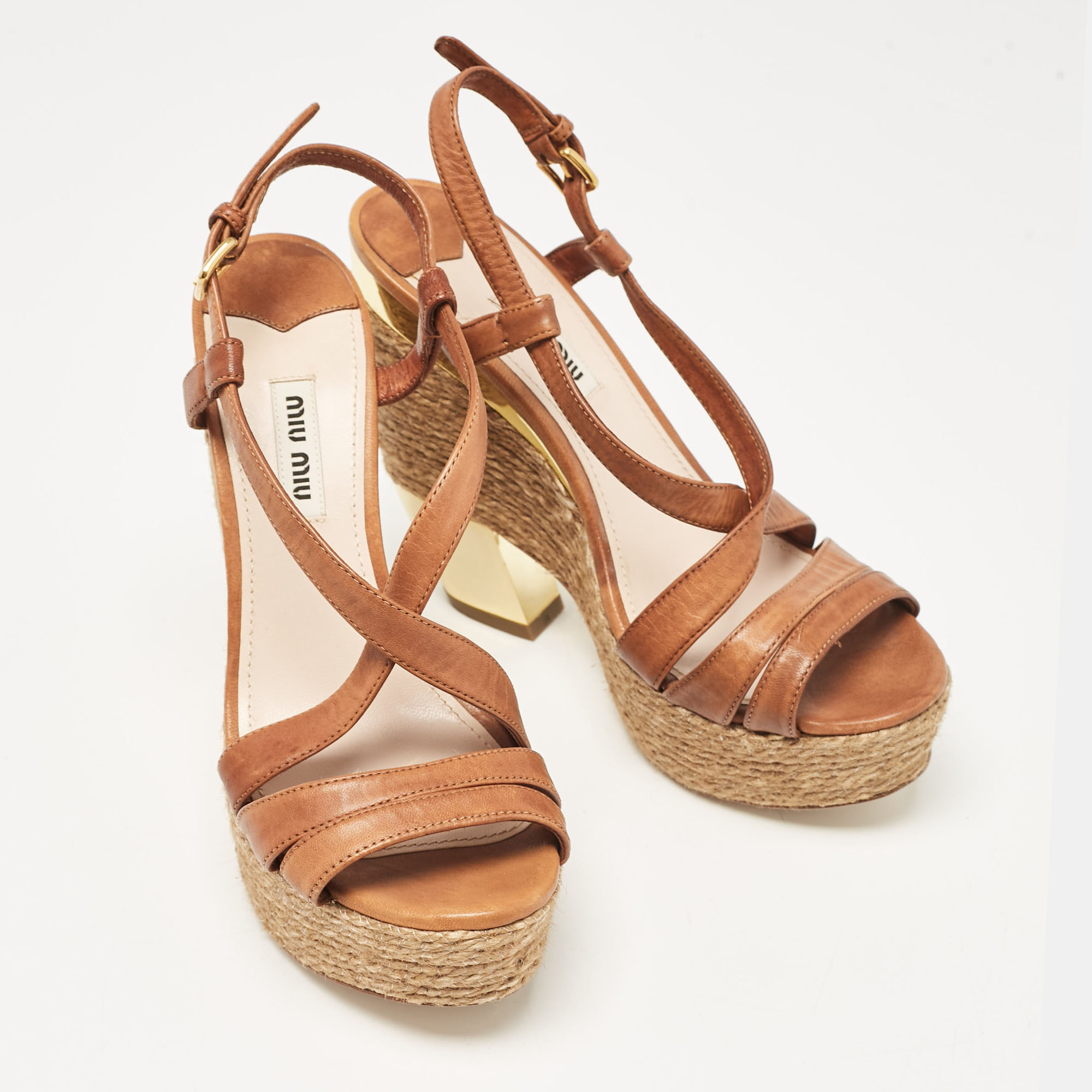 Miu Miu Brown Leather Wedge Sandals Size 37.5