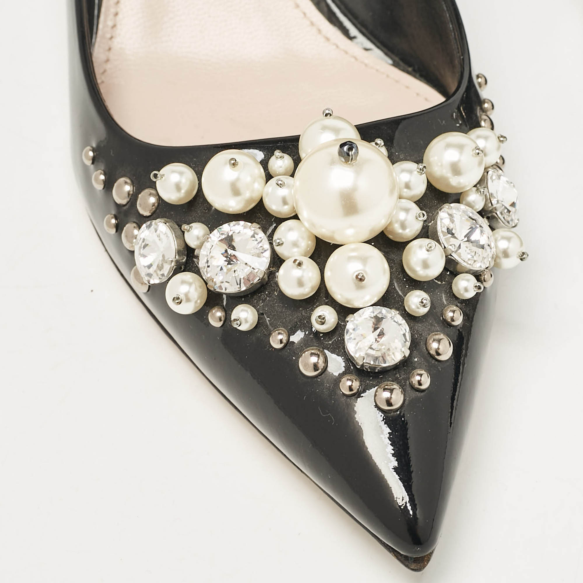 Miu Miu Black Patent Crystal And Pearl Embellished Pointed Toe Pumps Size 39