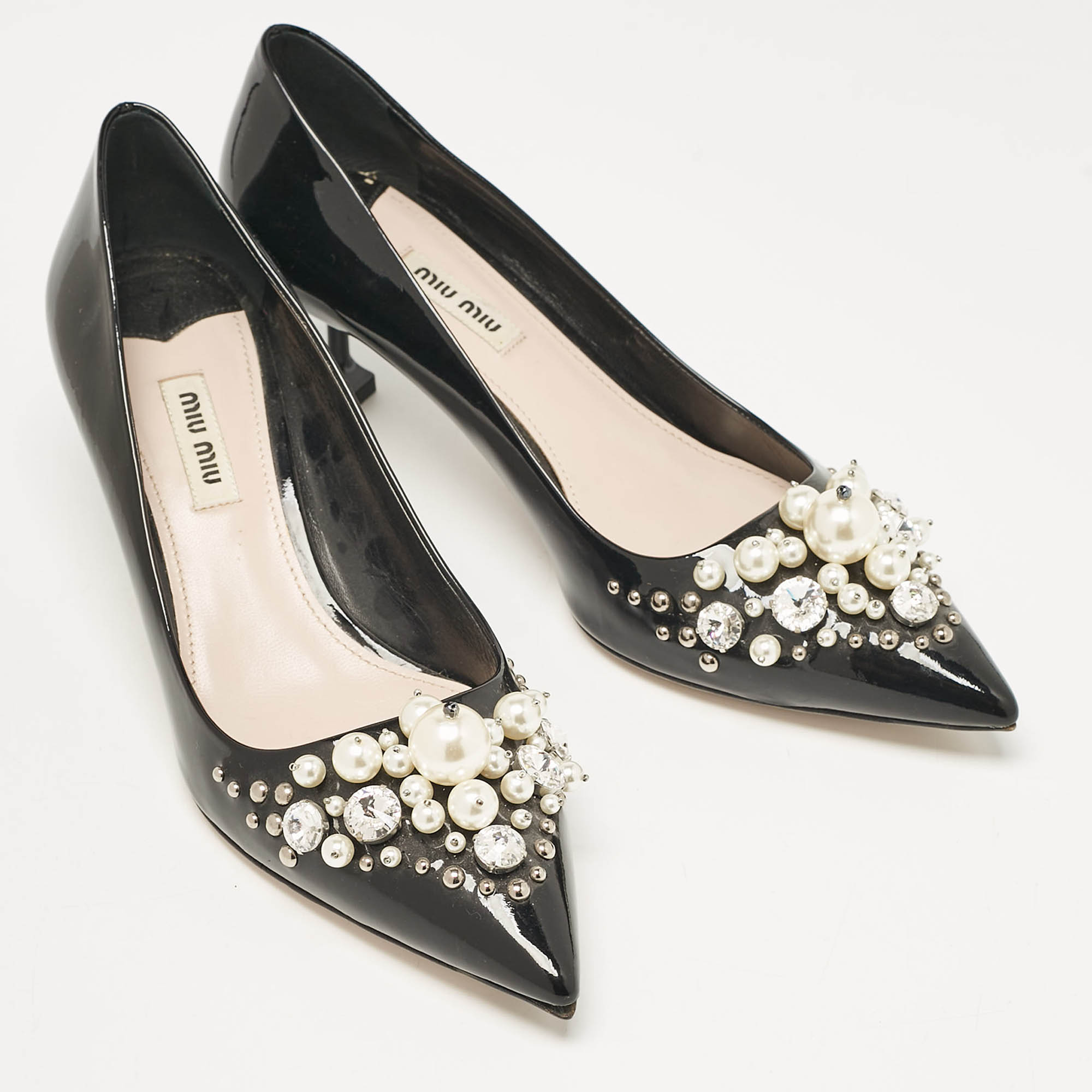 Miu Miu Black Patent Crystal And Pearl Embellished Pointed Toe Pumps Size 39