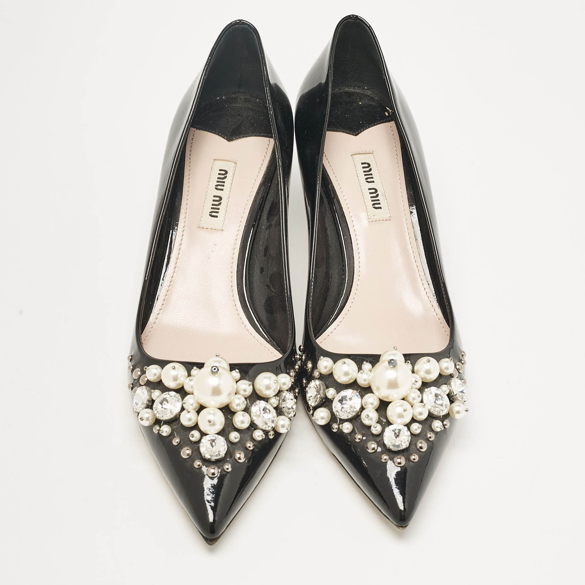 Miu Miu Black Patent Crystal And Pearl Embellished Pointed Toe Pumps Size 39